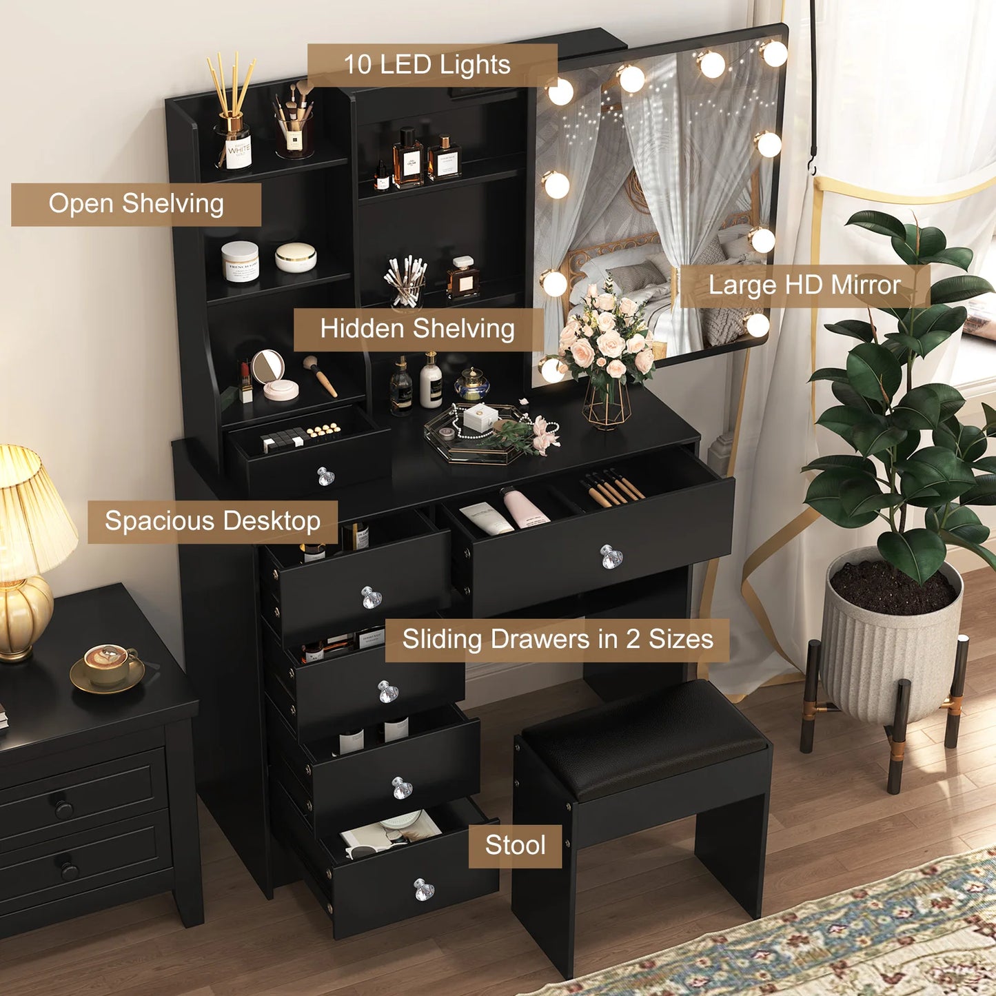Rustic Wooden Makeup Vanity With Lit Mirror And Drawers