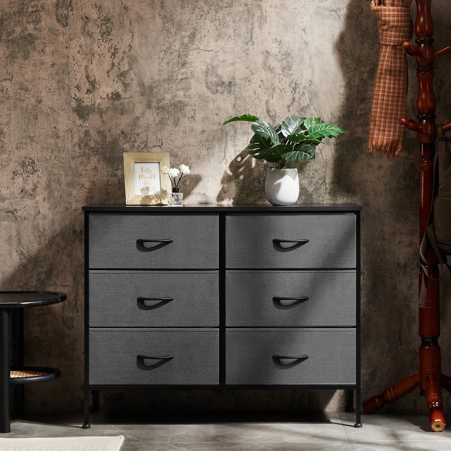 JHK 6 Fabric Drawers Nightstand Bedside Storage Table Bedroom Furniture