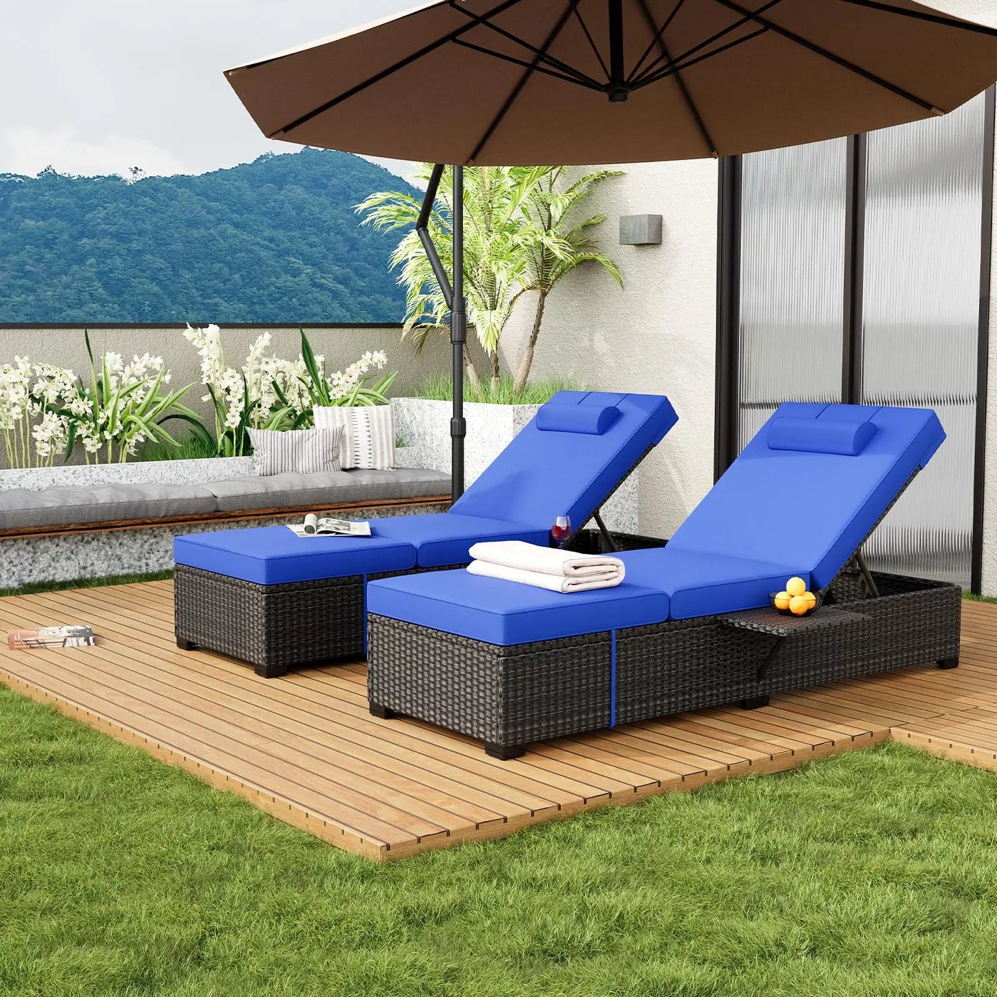 Modern Outdoor Rattan Chaise Lounge Set With Washable Cushions