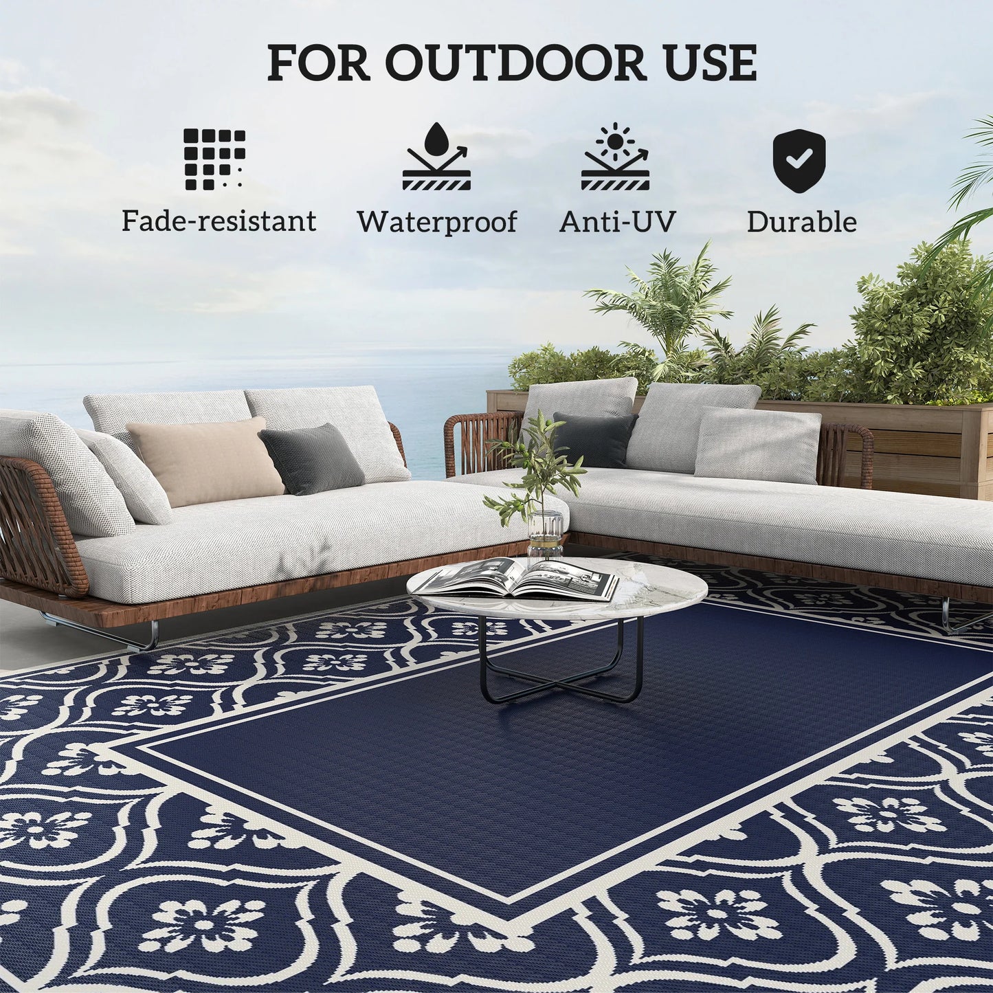 Geometric Outdoor Polypropylene Area Rug Featuring Gourd Border Design