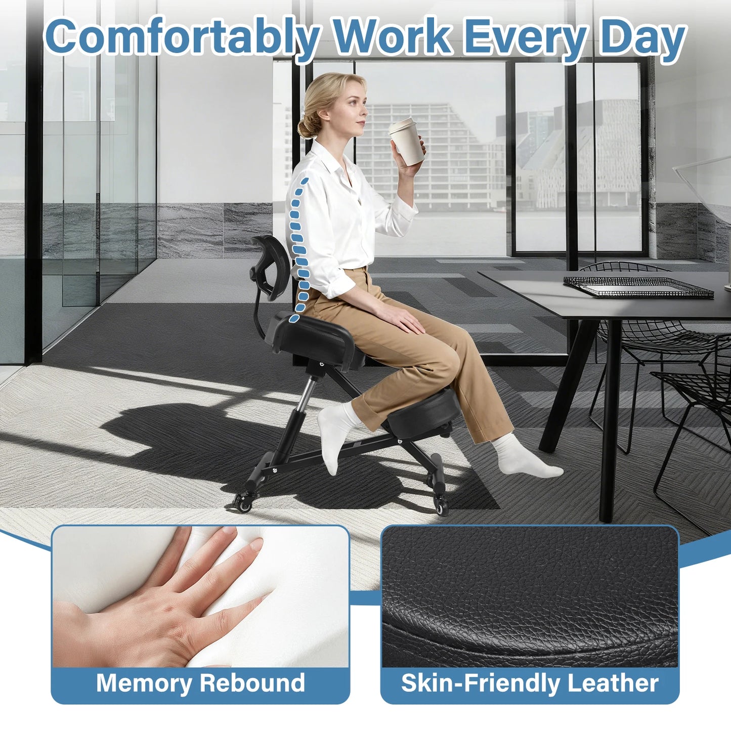 Ergonomic Kneeling Chair With Adjustable Backrest And Wheels For Workspaces