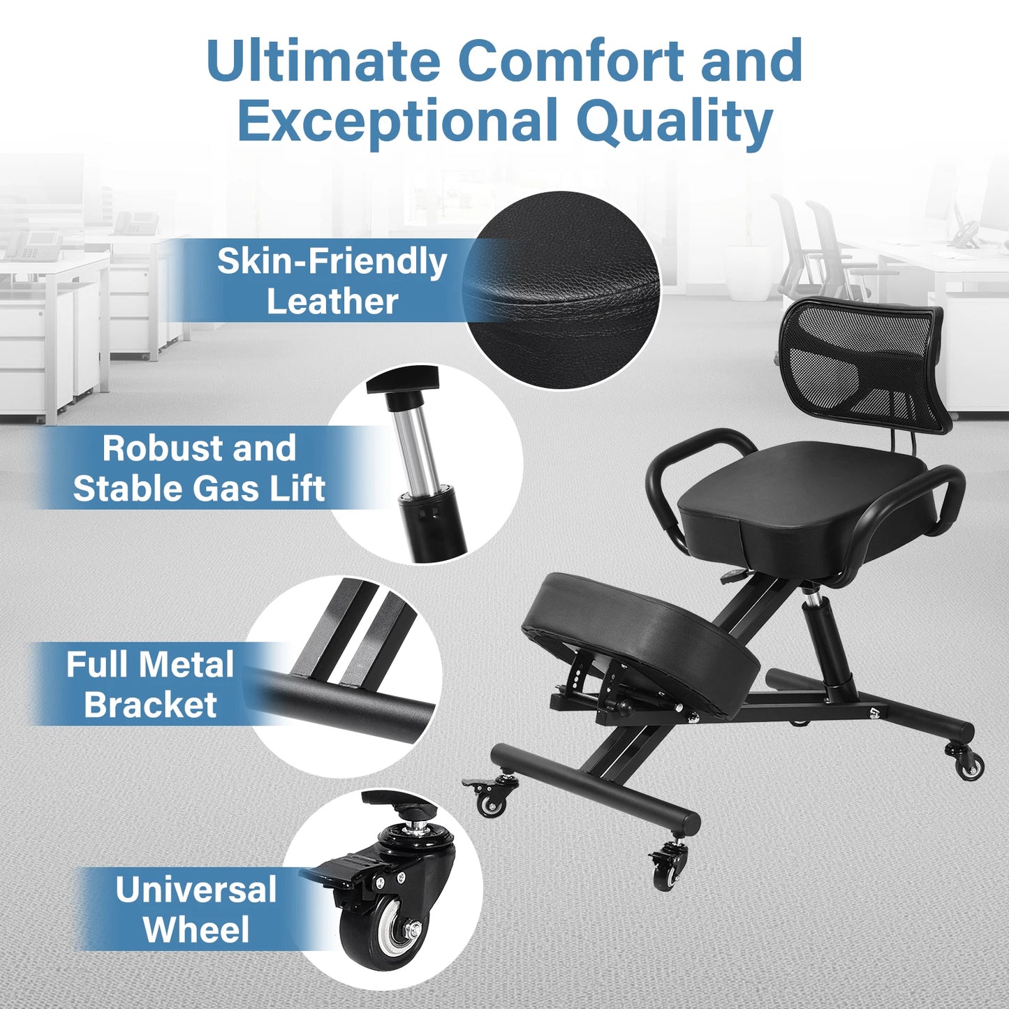 Ergonomic Kneeling Chair With Adjustable Backrest And Wheels For Workspaces