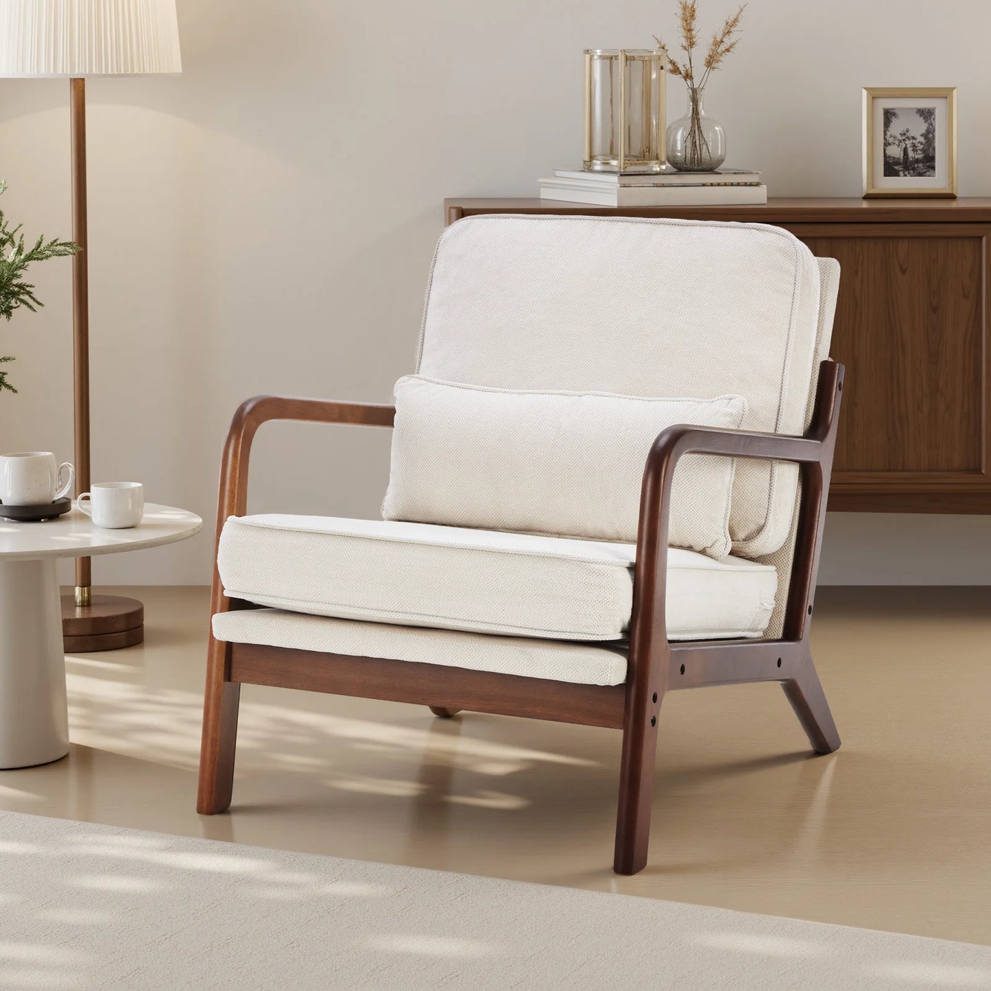 JHK Mid Century Modern Solid Wood Armchair With Upholstered Cushion