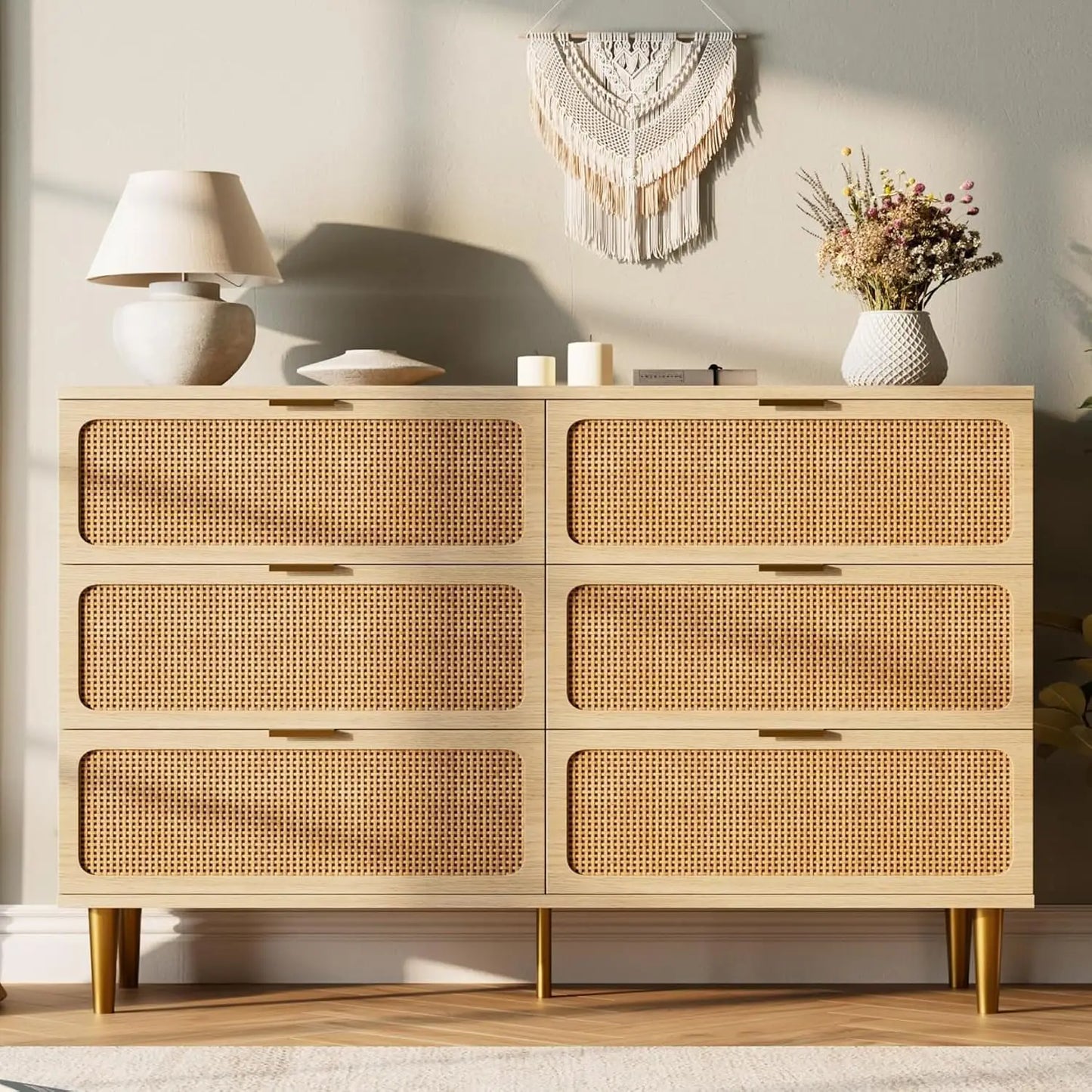 Natural Rattan Six Drawer Wooden Dresser Storage Cabinet