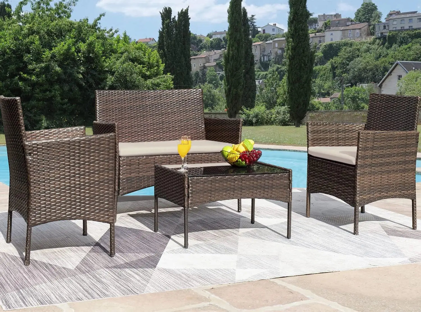 Brown Outdoor Rattan 4 Piece Patio Conversation Set With Glass Table
