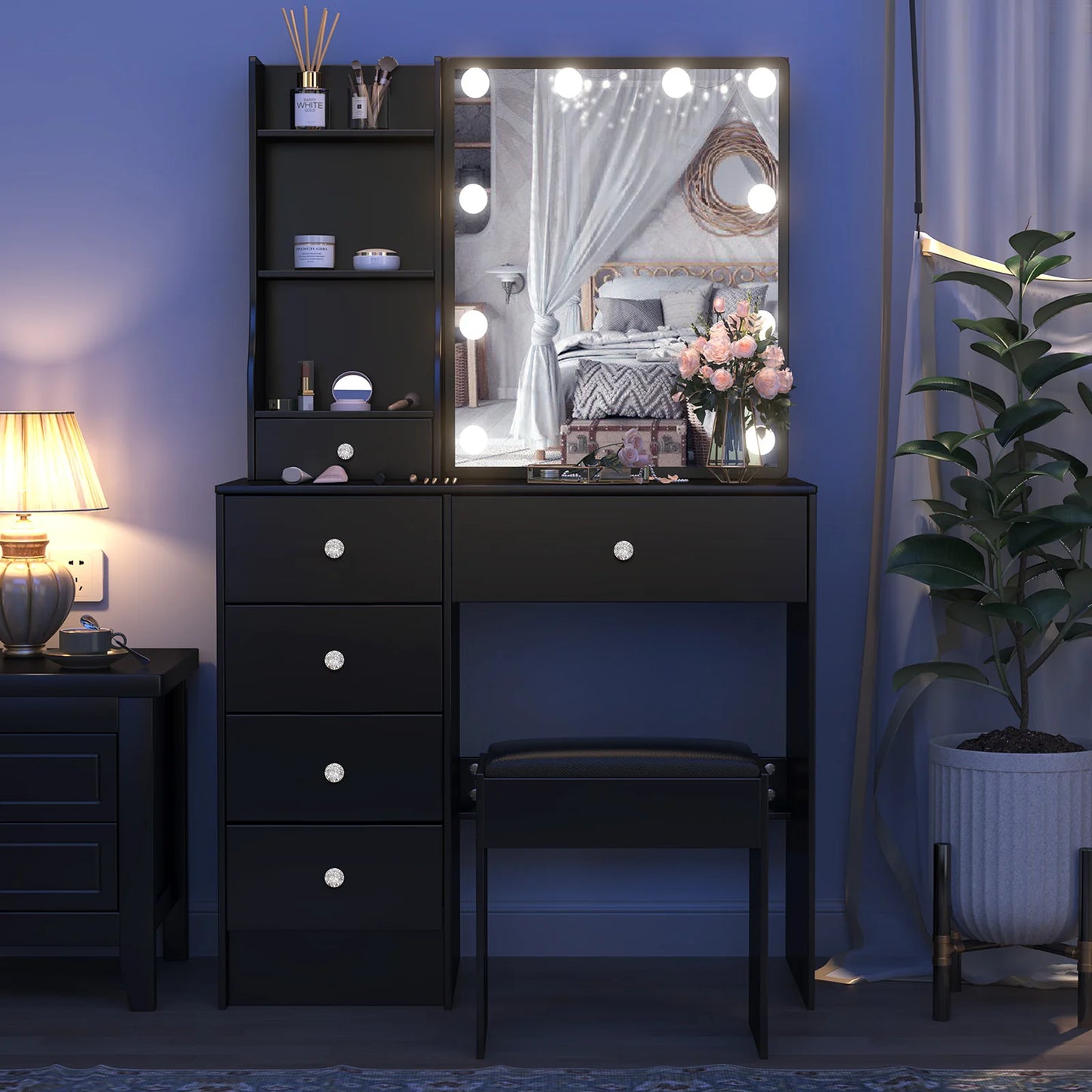 Rustic Wooden Makeup Vanity With Lit Mirror And Drawers