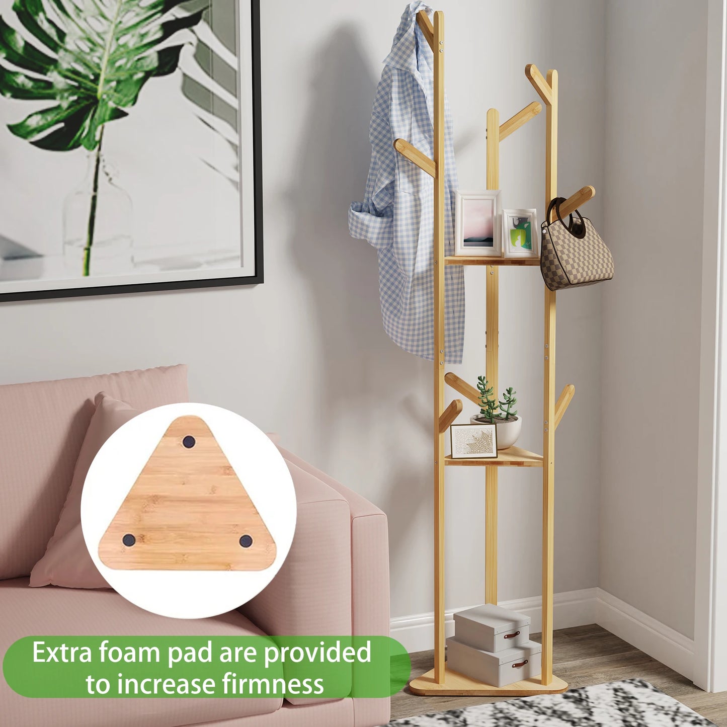 Wisfor Bamboo Corner Tree Coat Rack With Hooks And Shelves