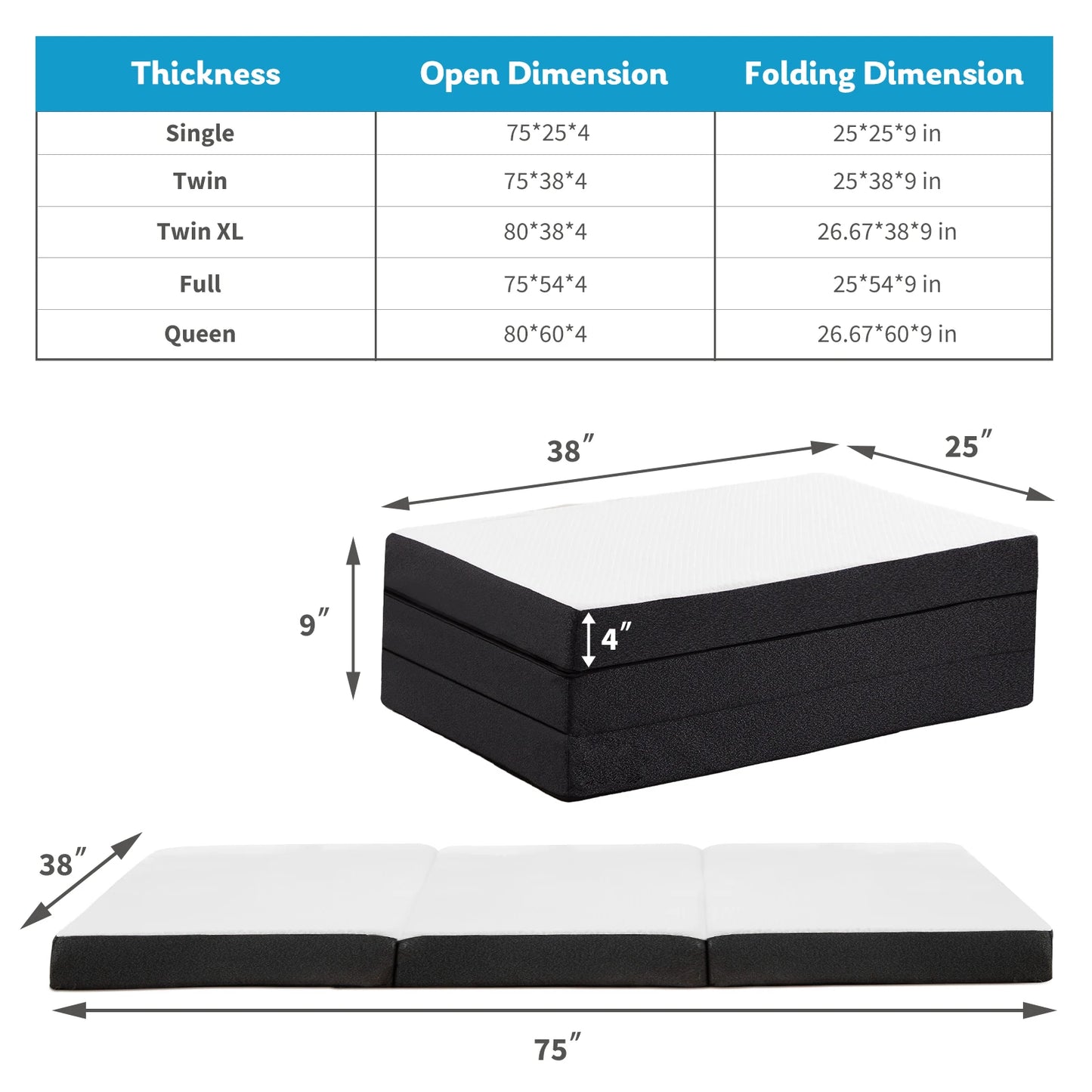JHK Three Fold Floor Bed CertiPUR US Memory Foam Mattress