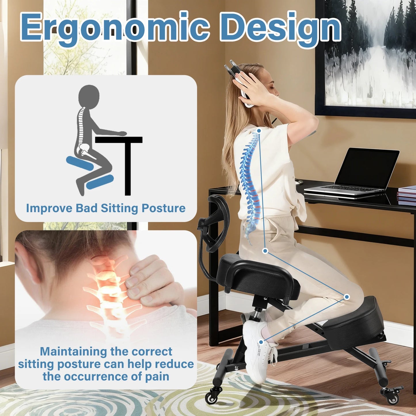 Ergonomic Kneeling Chair With Adjustable Backrest And Wheels For Workspaces