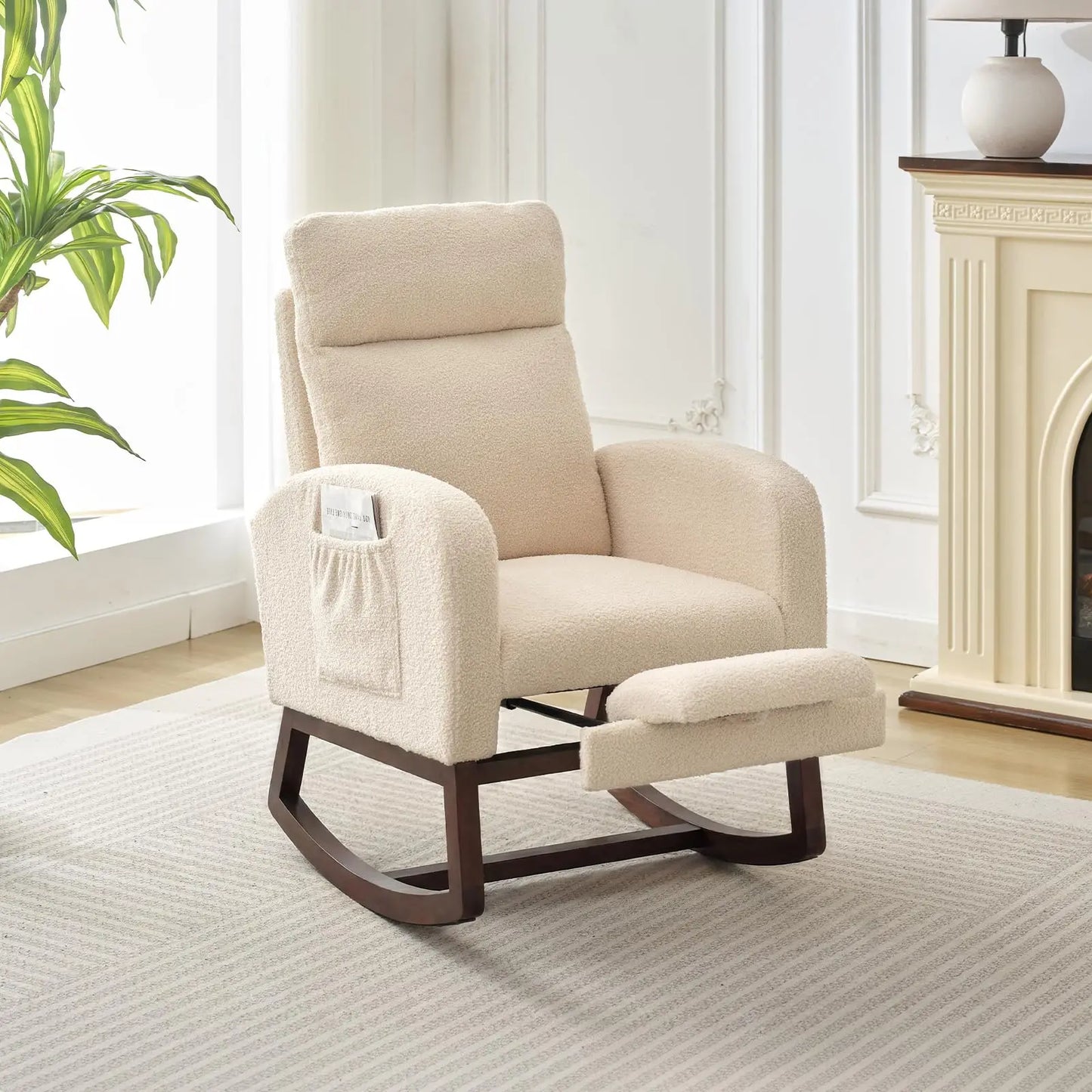 Modern Teddy Upholstered Rocking Chair With Footrest And Side Pocket