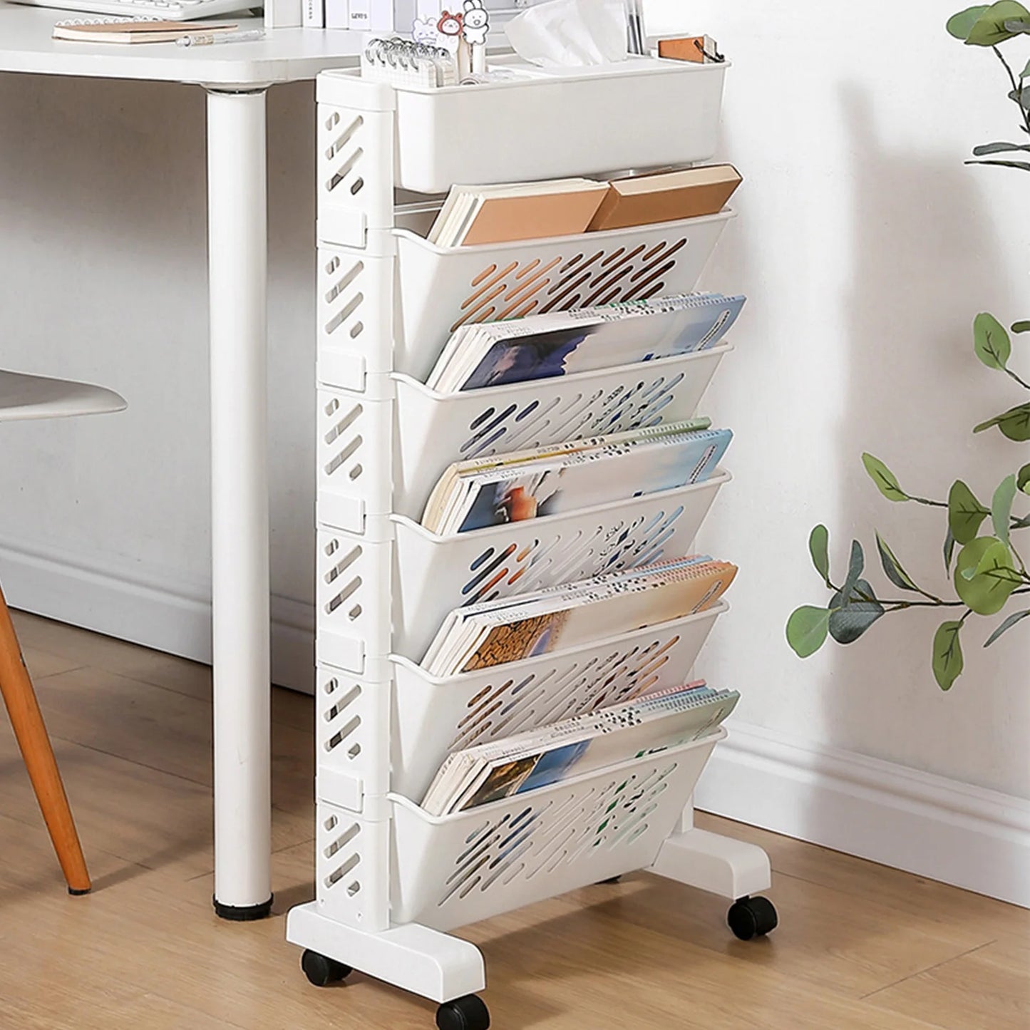 Plastic Rolling Bookshelf Movable Rotatable Storage Rack For Home Office