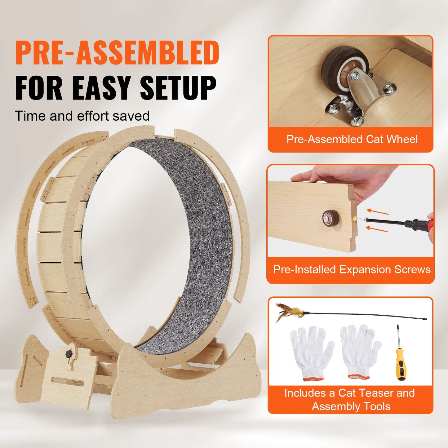 Wooden Cat Exercise Wheel Indoor Treadmill Featuring Detachable Carpet Stand