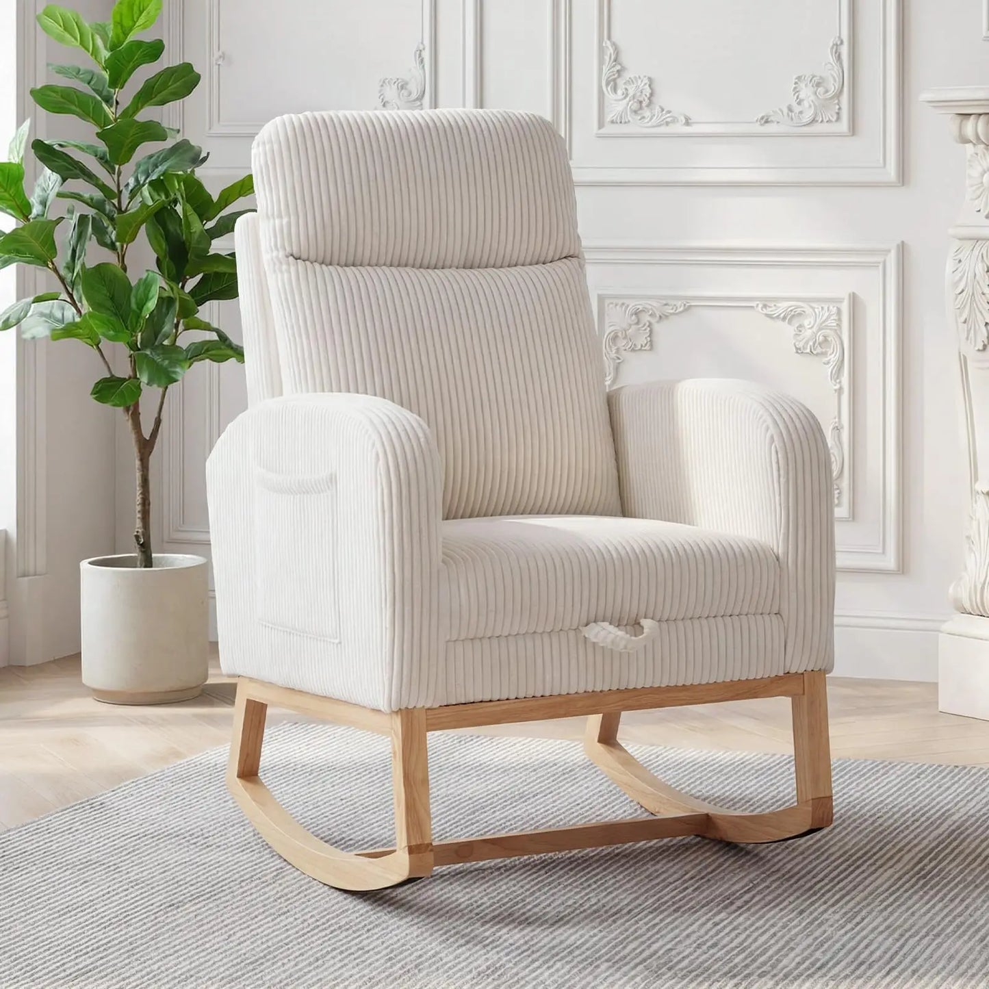 Corduroy Nursery Rocking Chair With Tufted Back And Wood Legs