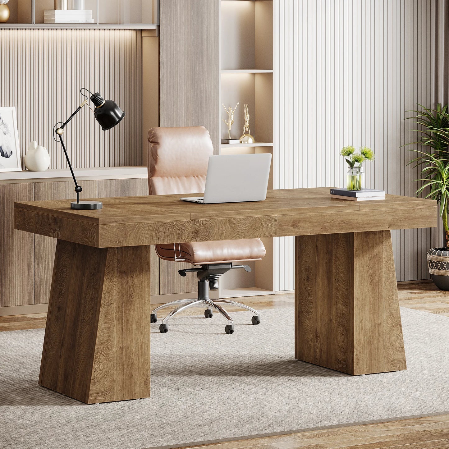 Tribesigns Executive Wood Office Computer Desk Dual Pedestal Modern Workstation