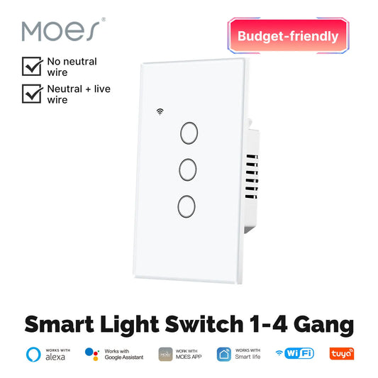 Tuya No Neutral WiFi Smart Glass Light Switch For Alexa And Google Home