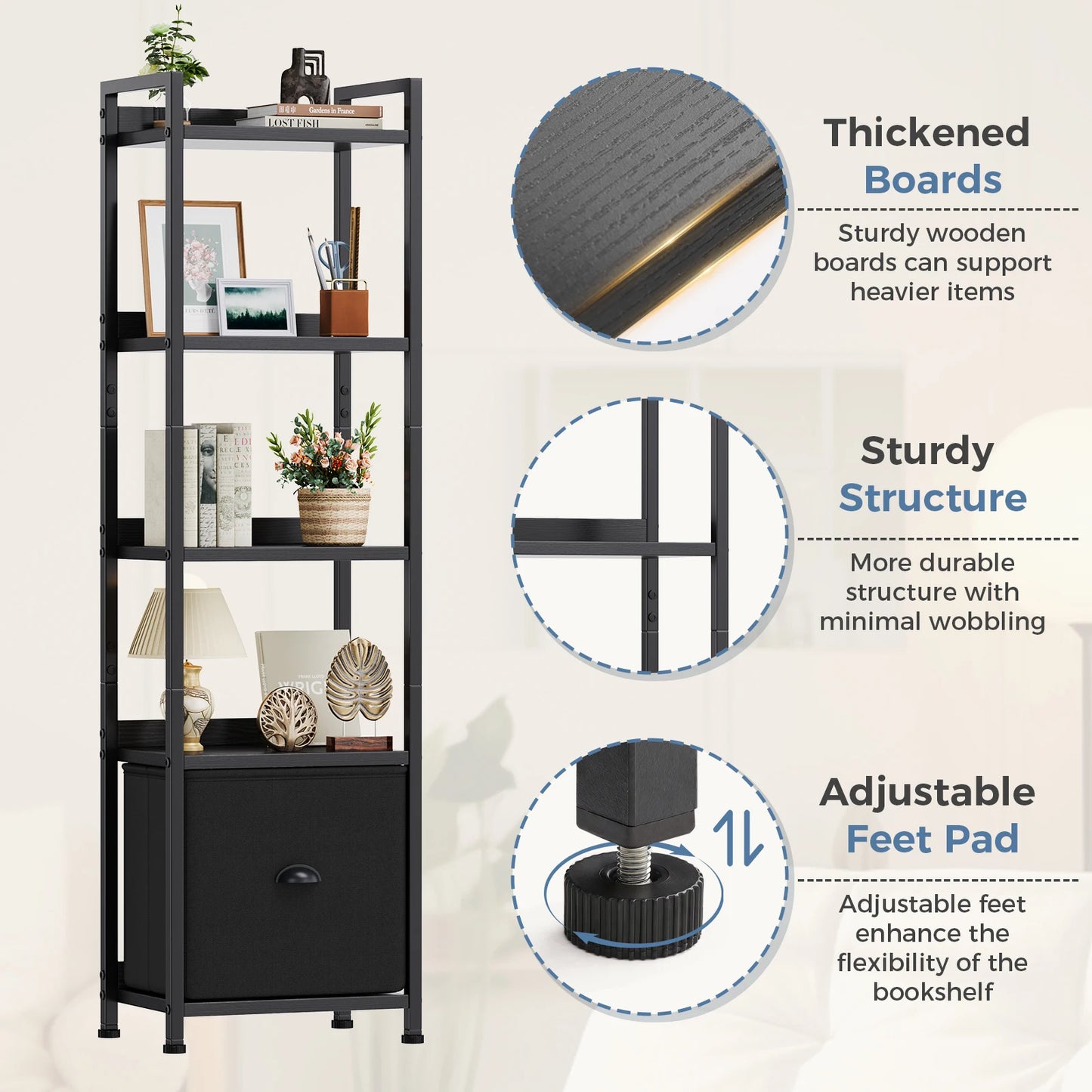 MCQ 5 Tier Bookshelf With Fabric Drawer Wood And Metal Organizer