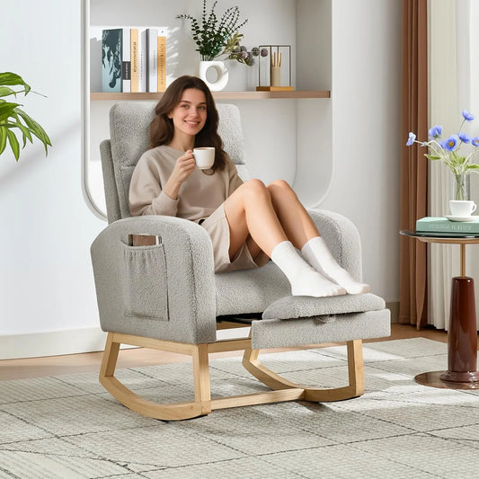 Modern Teddy Upholstered Rocking Chair With Footrest And Side Pocket