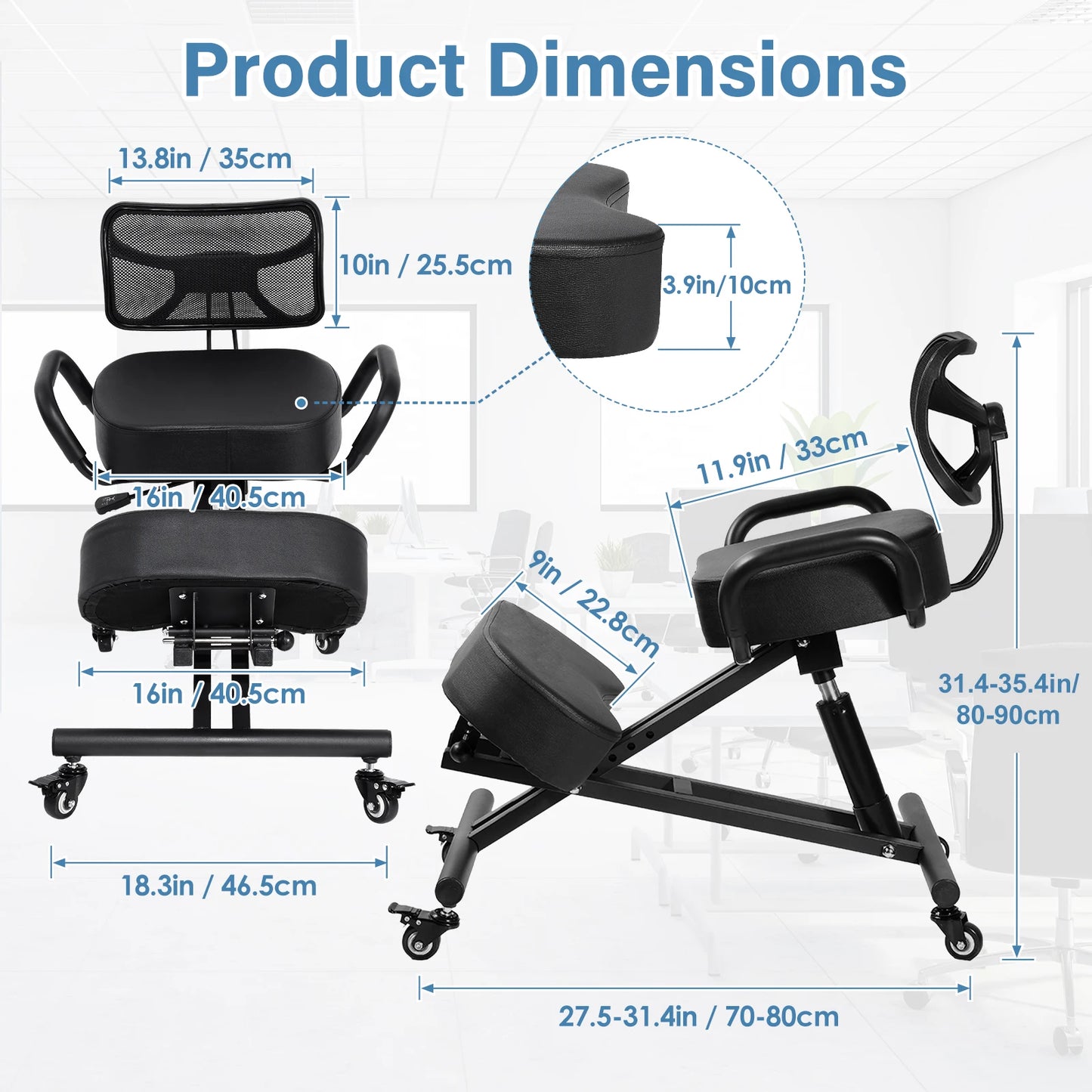 Ergonomic Kneeling Chair With Adjustable Backrest And Wheels For Workspaces