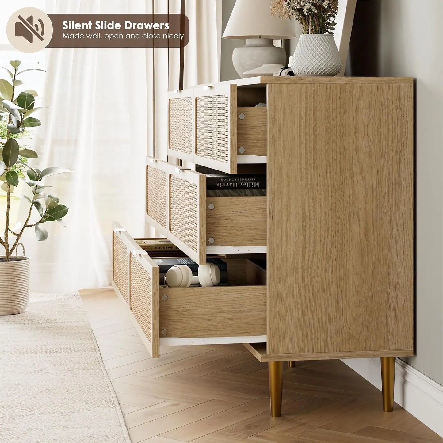 Natural Rattan Six Drawer Wooden Dresser Storage Cabinet
