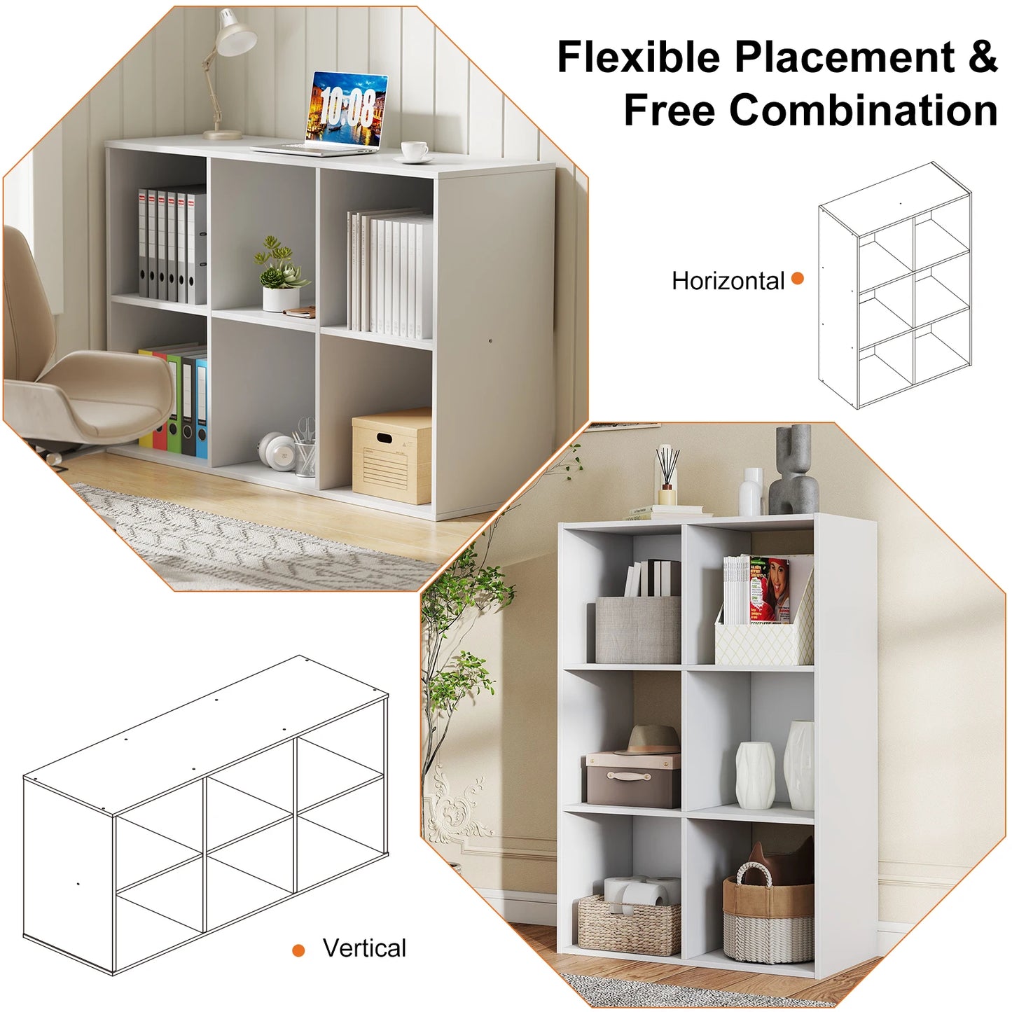 MCQ 6 Tier Wooden Bookcase Storage Organizer With Back Panels