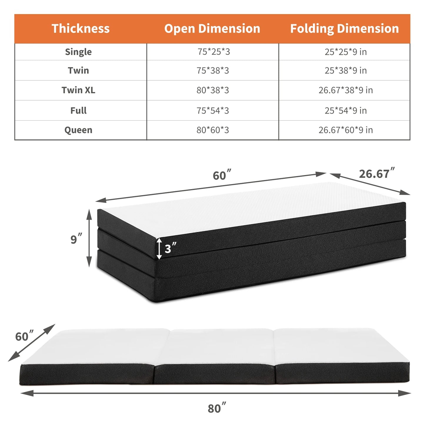 JHK Three Fold Floor Bed CertiPUR US Memory Foam Mattress