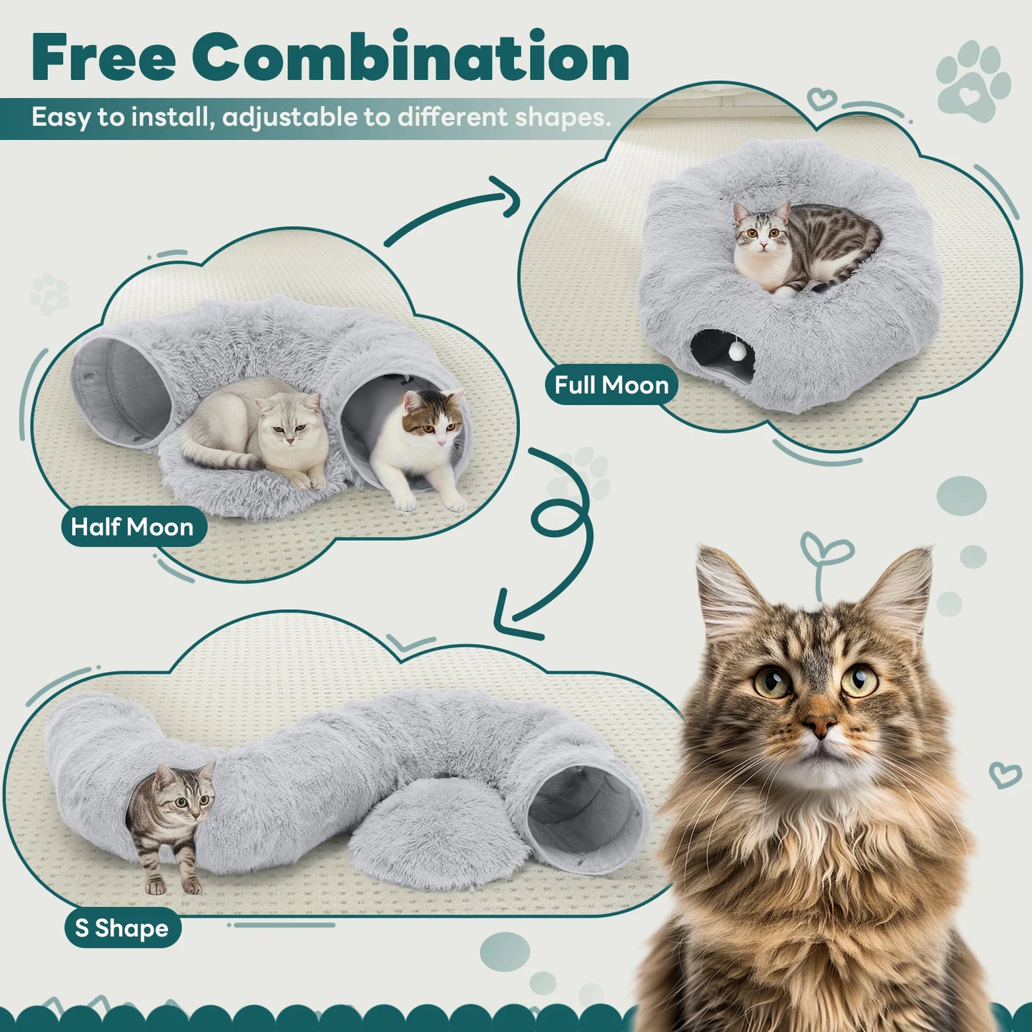 JHK Soft Plush Cat Tunnel Bed Indoor Washable Multifunctional Villa