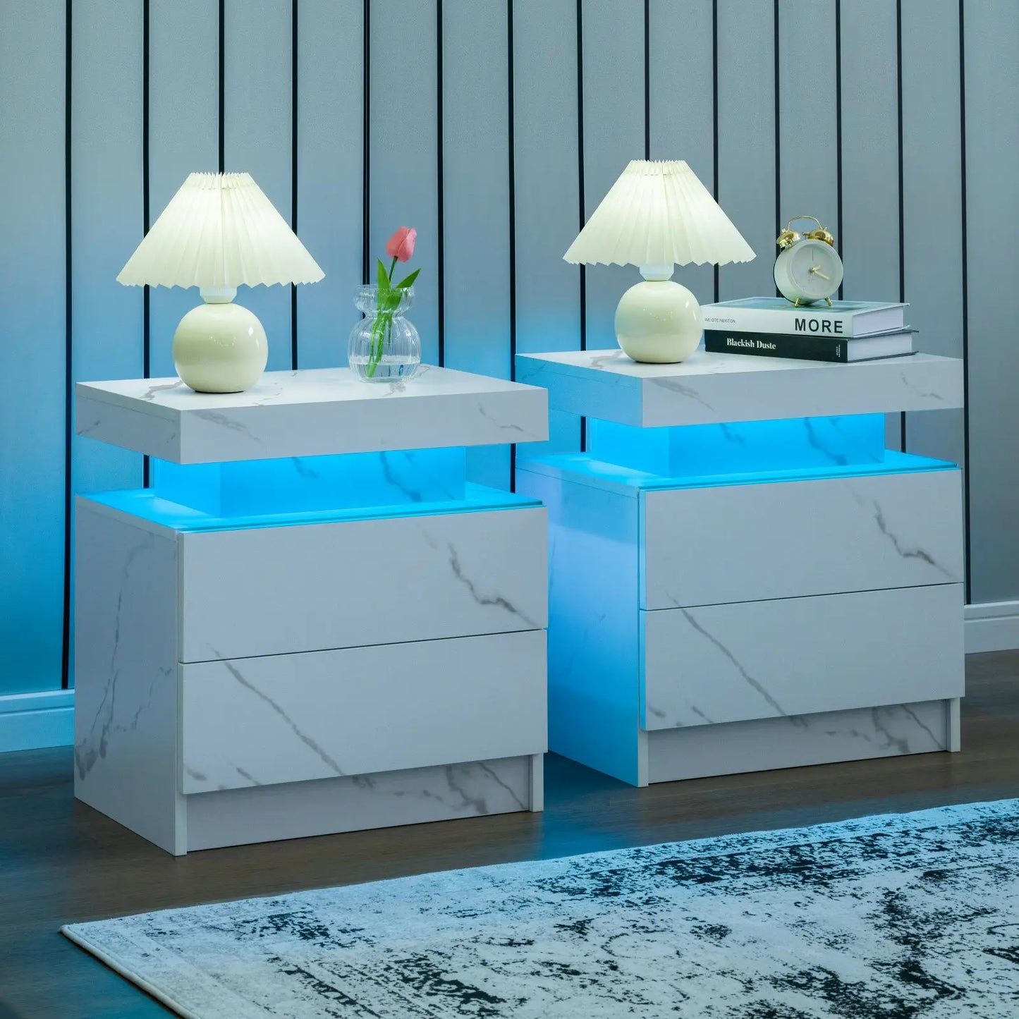 Cubehom Set Of 2 Modern Led Nightstand With Drawers