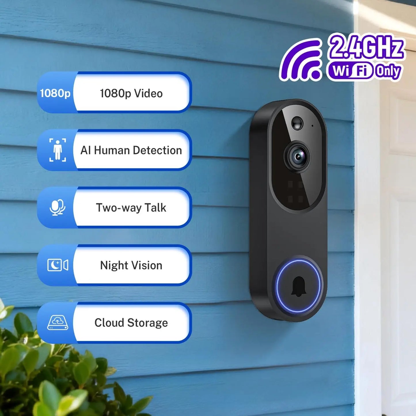 Wireless Wi-Fi Video Doorbell With Two Way Audio