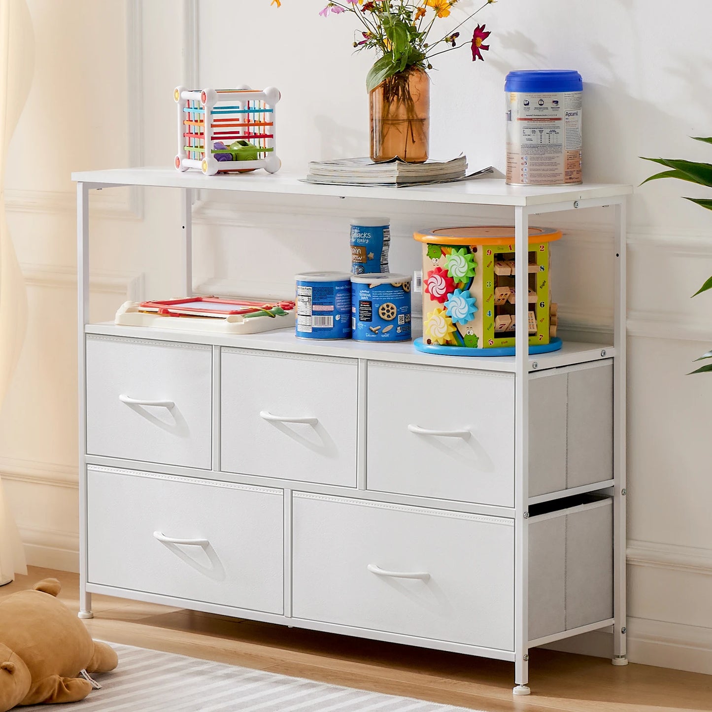 Jhk Modern TV Stand Dresser With Five Fabric Drawers And Storage