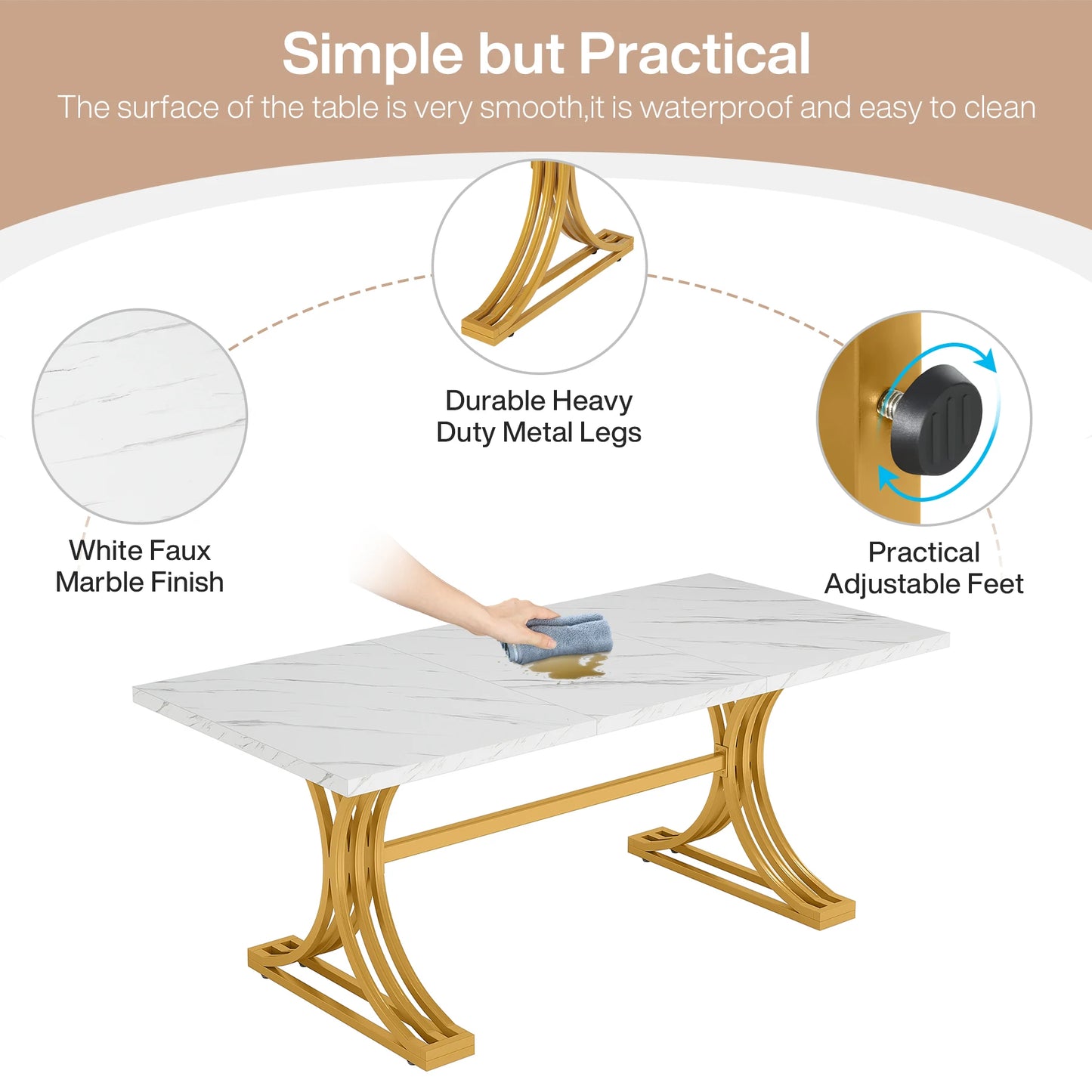 Tribesigns Modern Rectangular Kitchen Dining Table With Faux Marble Top
