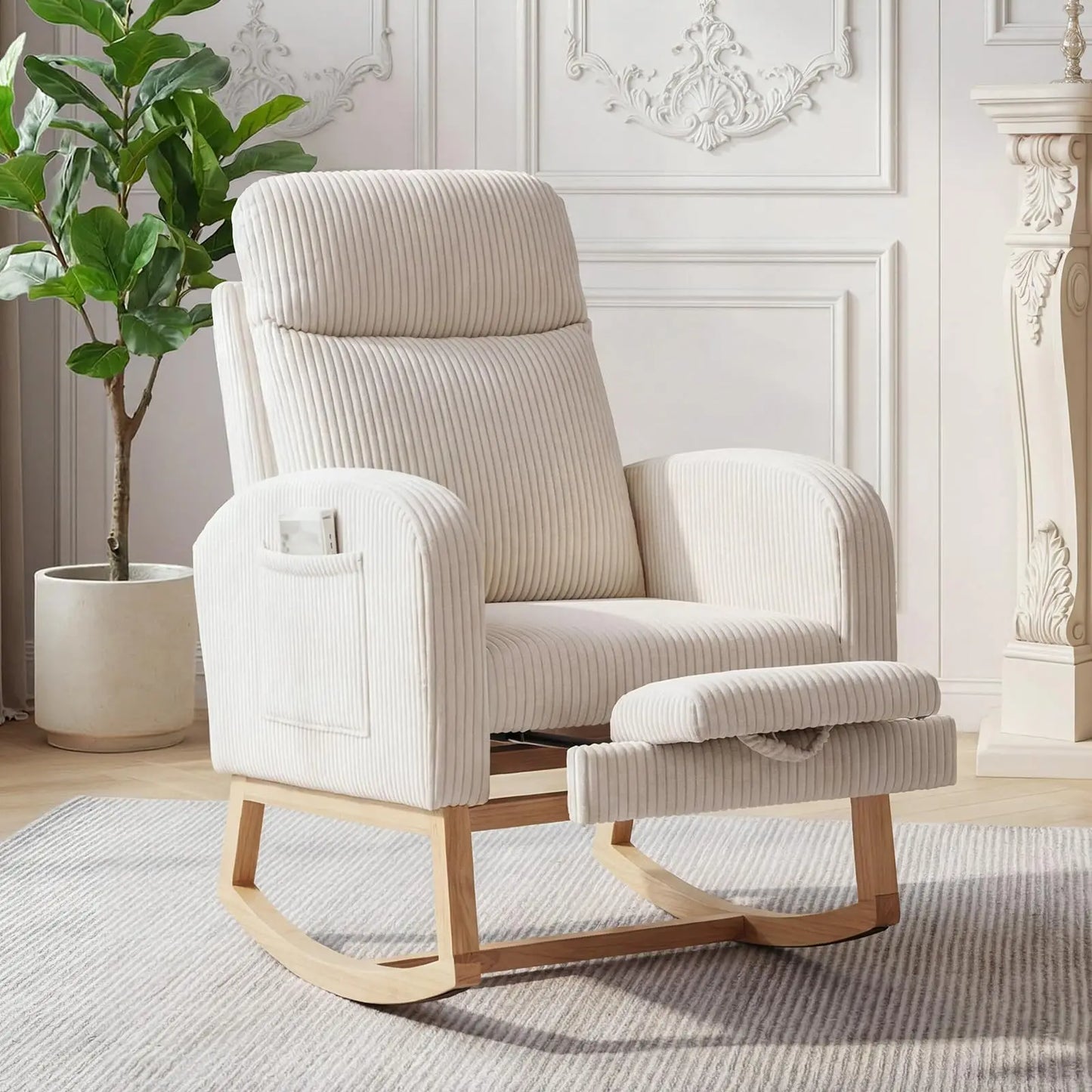 Corduroy Nursery Rocking Chair With Tufted Back And Wood Legs