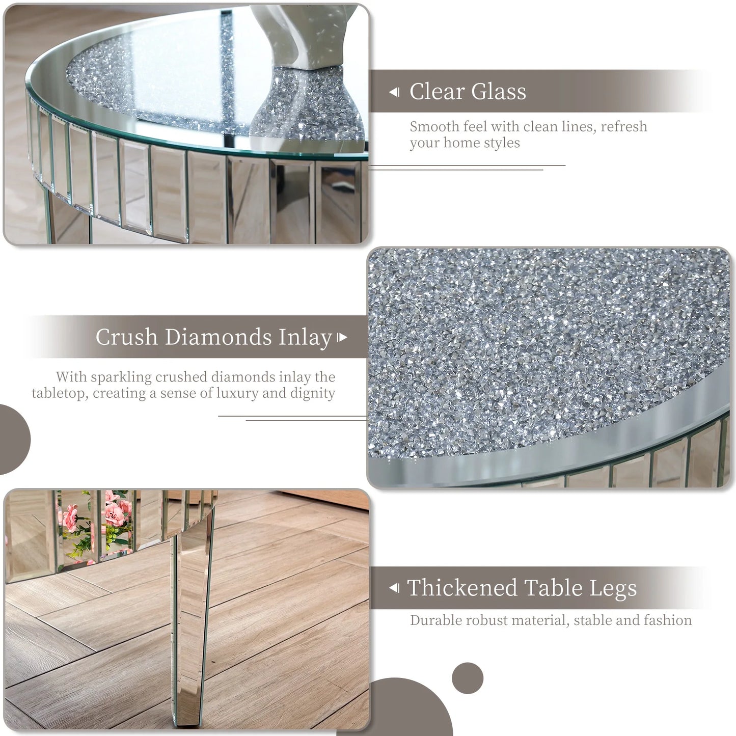 Mirrored Crystal Inlay Coffee Table Modern Round Glass Living Room