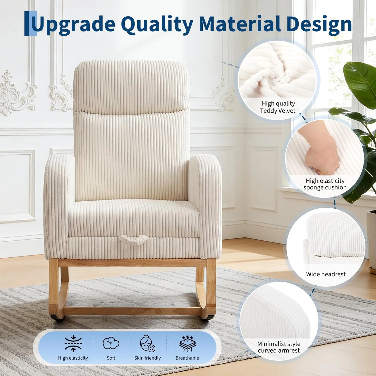 Corduroy Nursery Rocking Chair With Tufted Back And Wood Legs