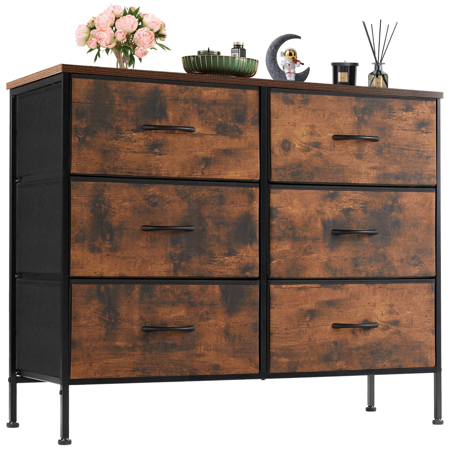 JHK 6 Fabric Drawers Nightstand Bedside Storage Table Bedroom Furniture