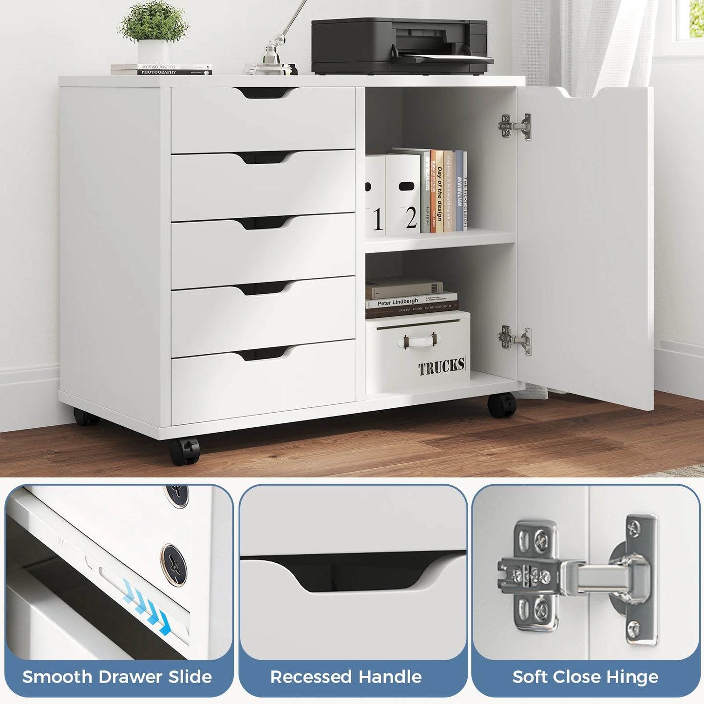 JHK Wood 5 Drawer Cabinet Organizer With Wheels