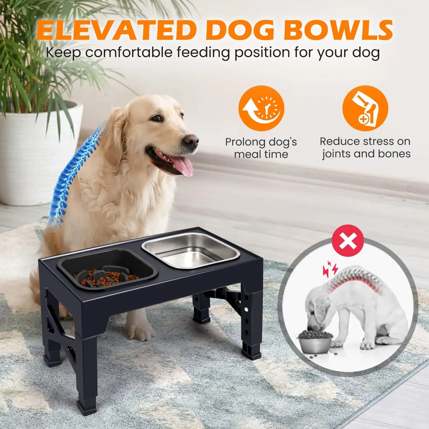 Elevated Slow Feeder Dog Bowls Adjustable Stainless Steel Food Water