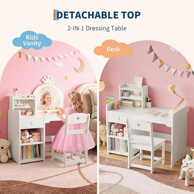 HiMiss Kids Vanity With Lights And Chair For Girls