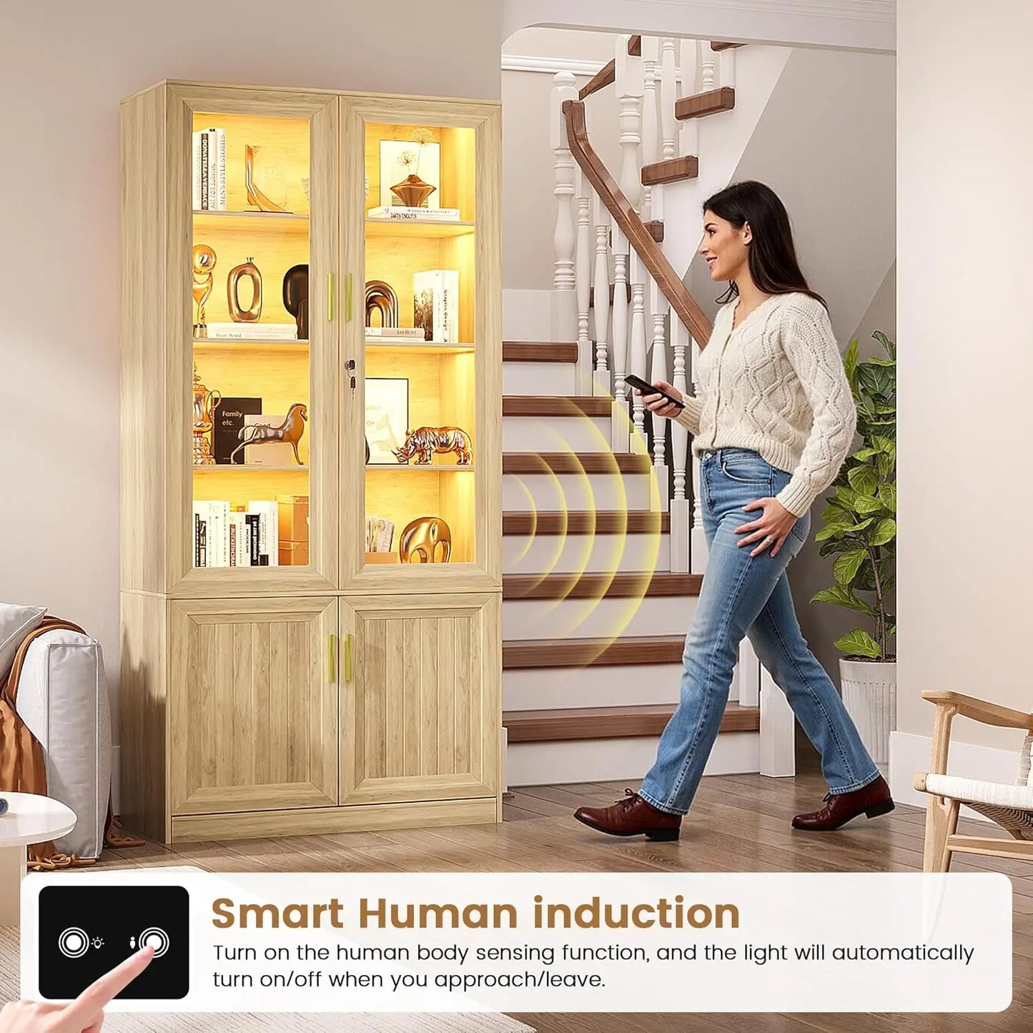 Four Tier Solid Wood Display Cabinet With Lockable Glass Doors
