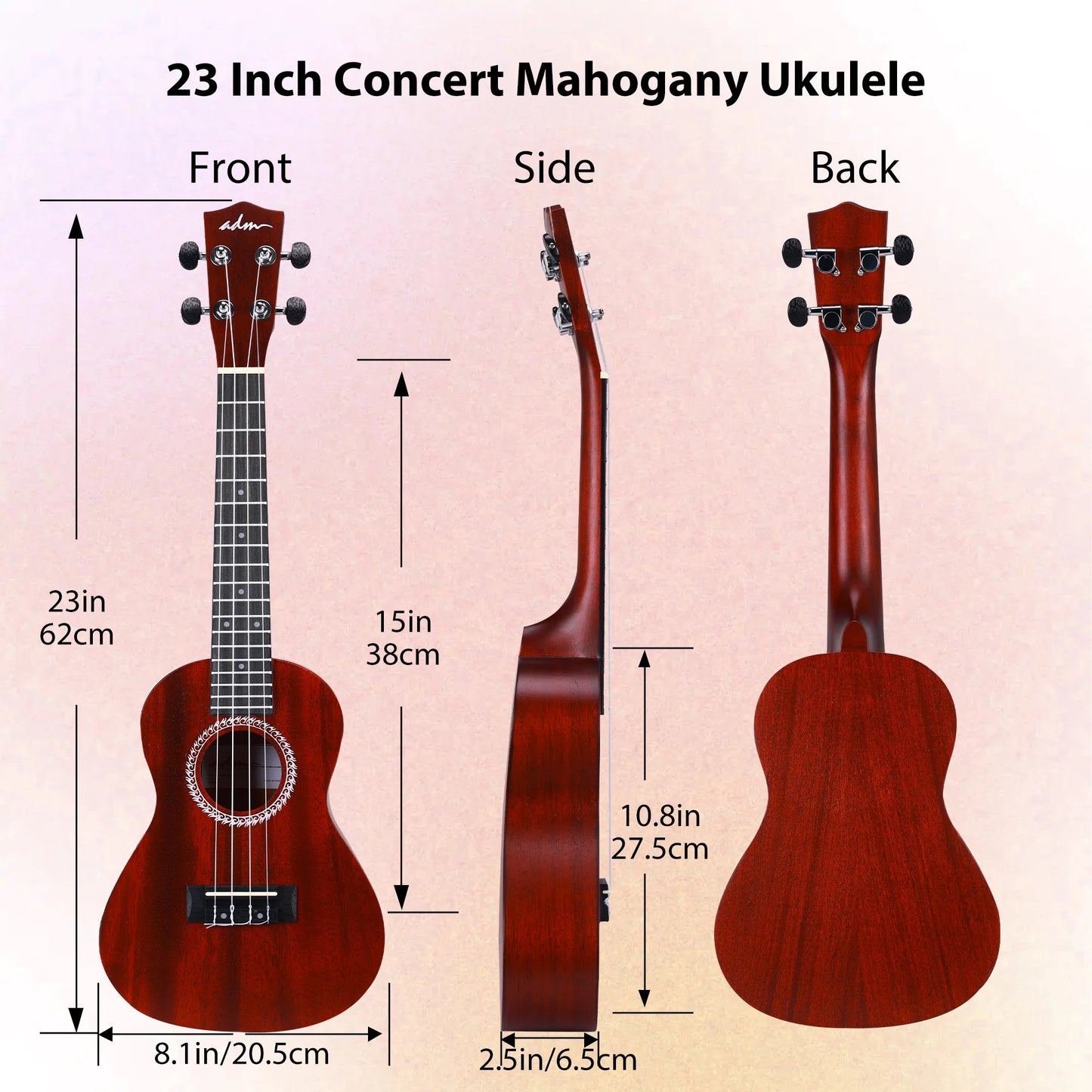 Adm 23 Inch Concert Ukulele Mahogany Body Starter Kit