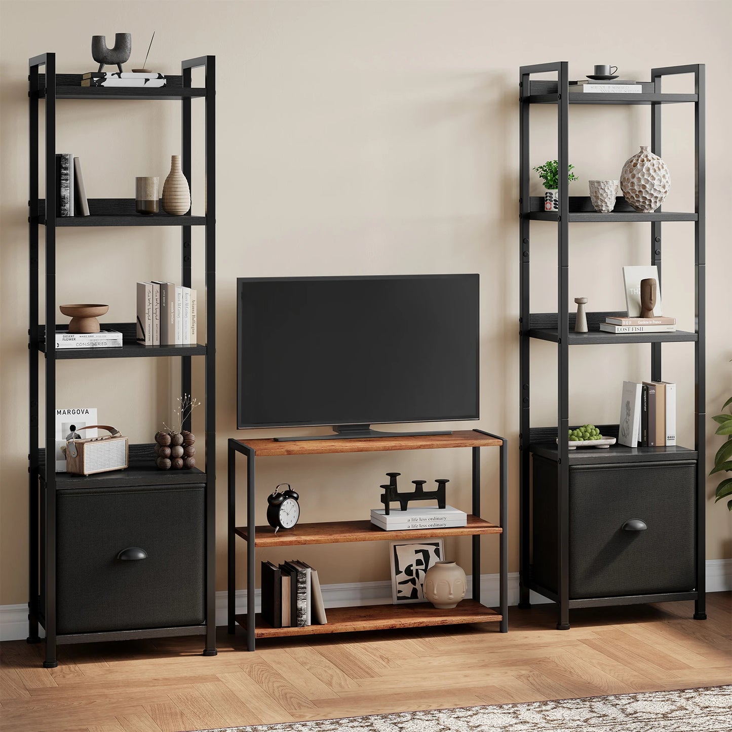 MCQ 5 Tier Bookshelf With Fabric Drawer Wood And Metal Organizer