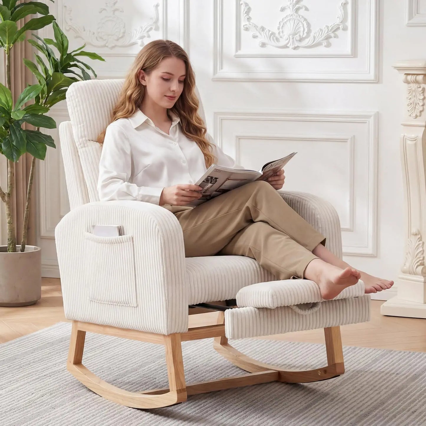 Corduroy Nursery Rocking Chair With Tufted Back And Wood Legs