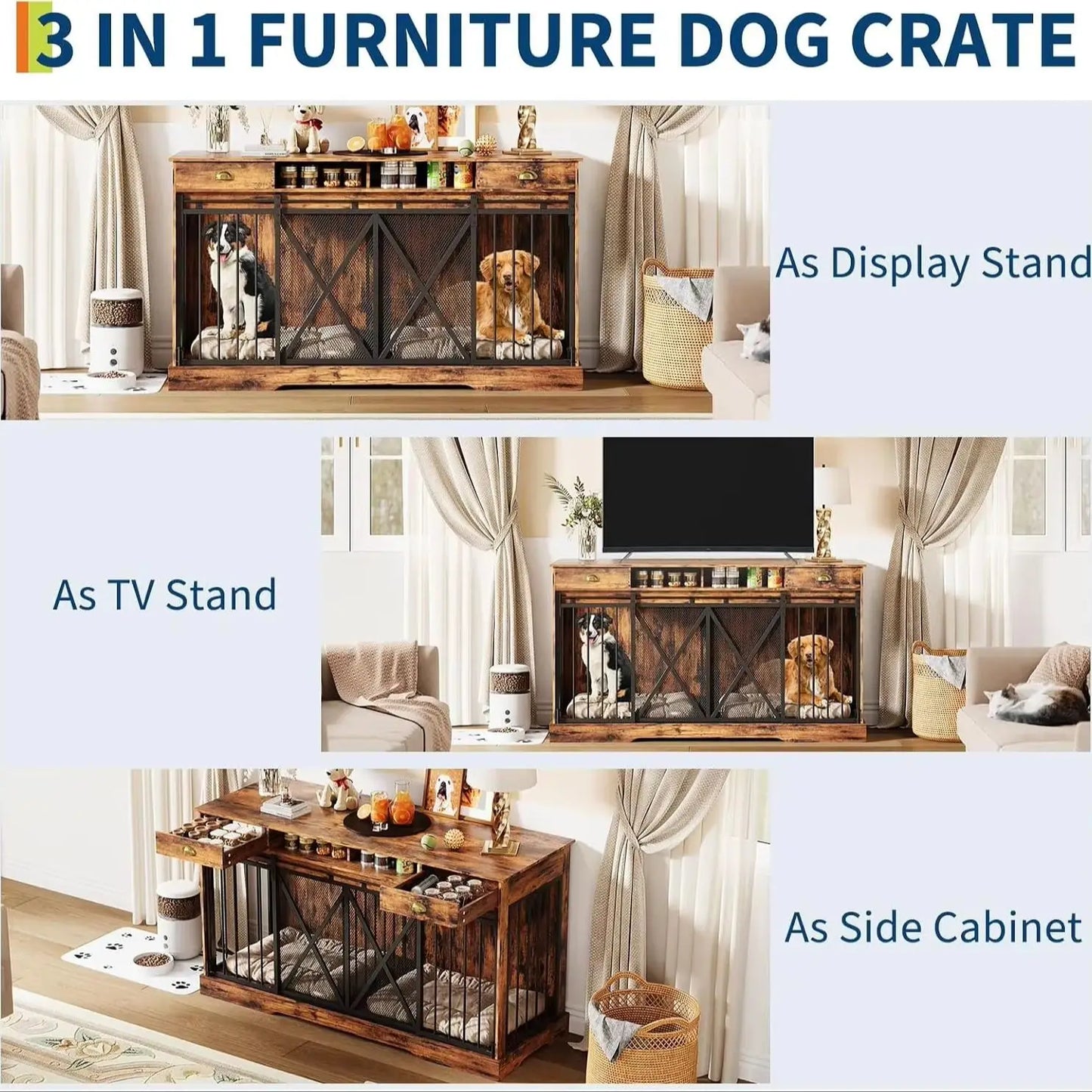 Large Wooden Double Dog Crate Furniture With Divider And Storage