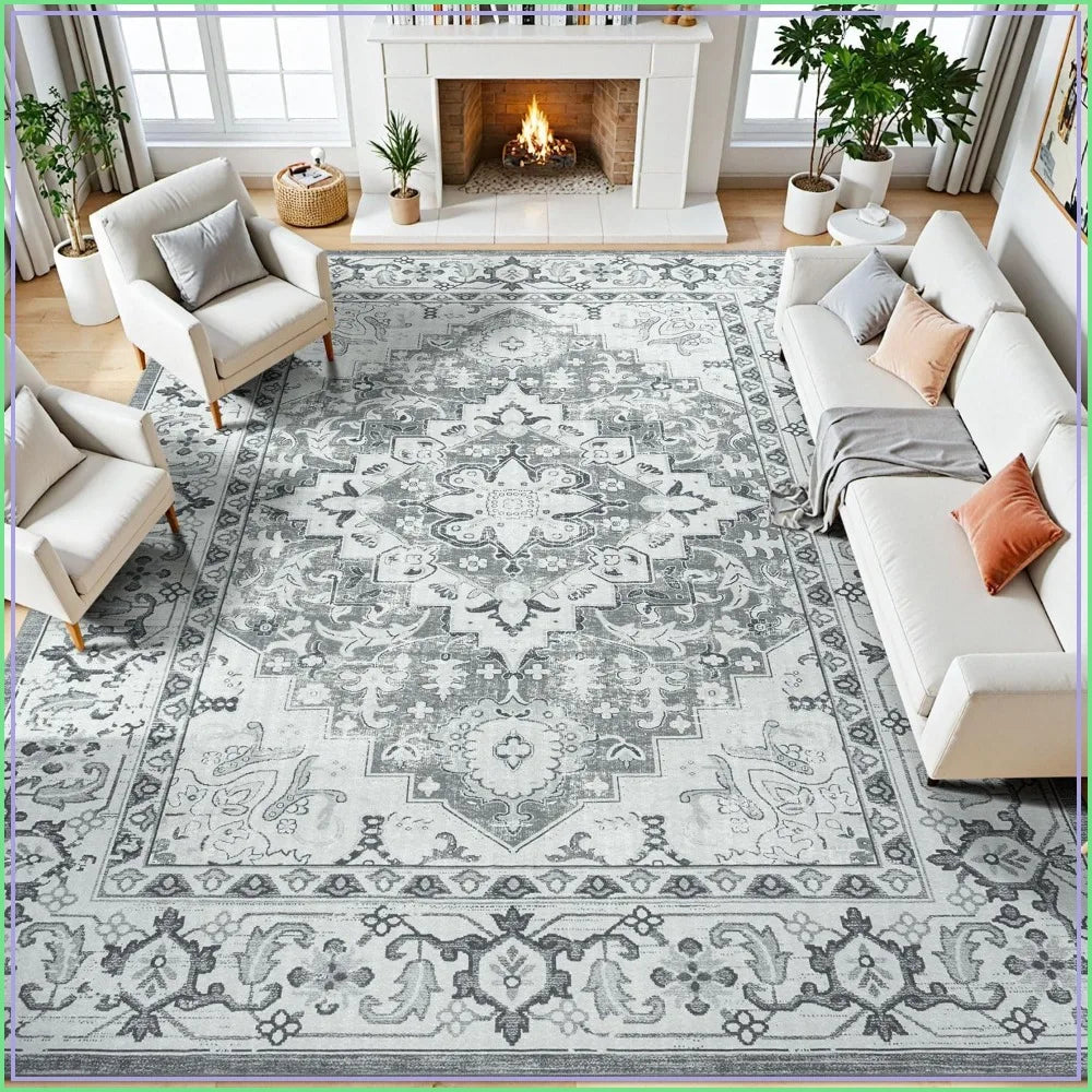 Floral Medallion Nylon Washable Area Rug With Non Slip Backing