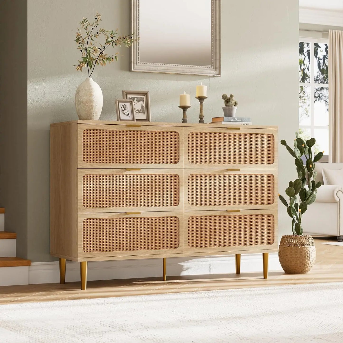 Natural Rattan Six Drawer Wooden Dresser Storage Cabinet