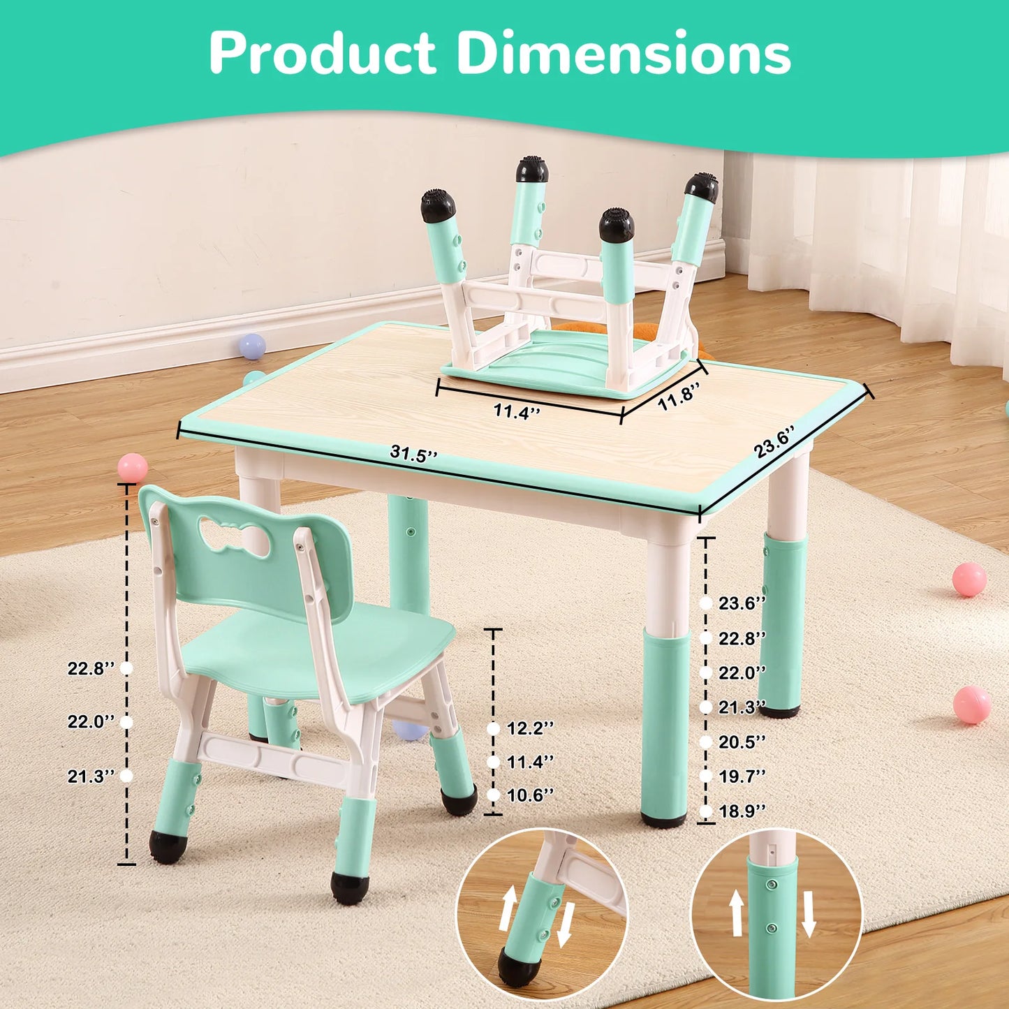 Kids Height Adjustable Table Chairs Set For Classroom Daycare Centers