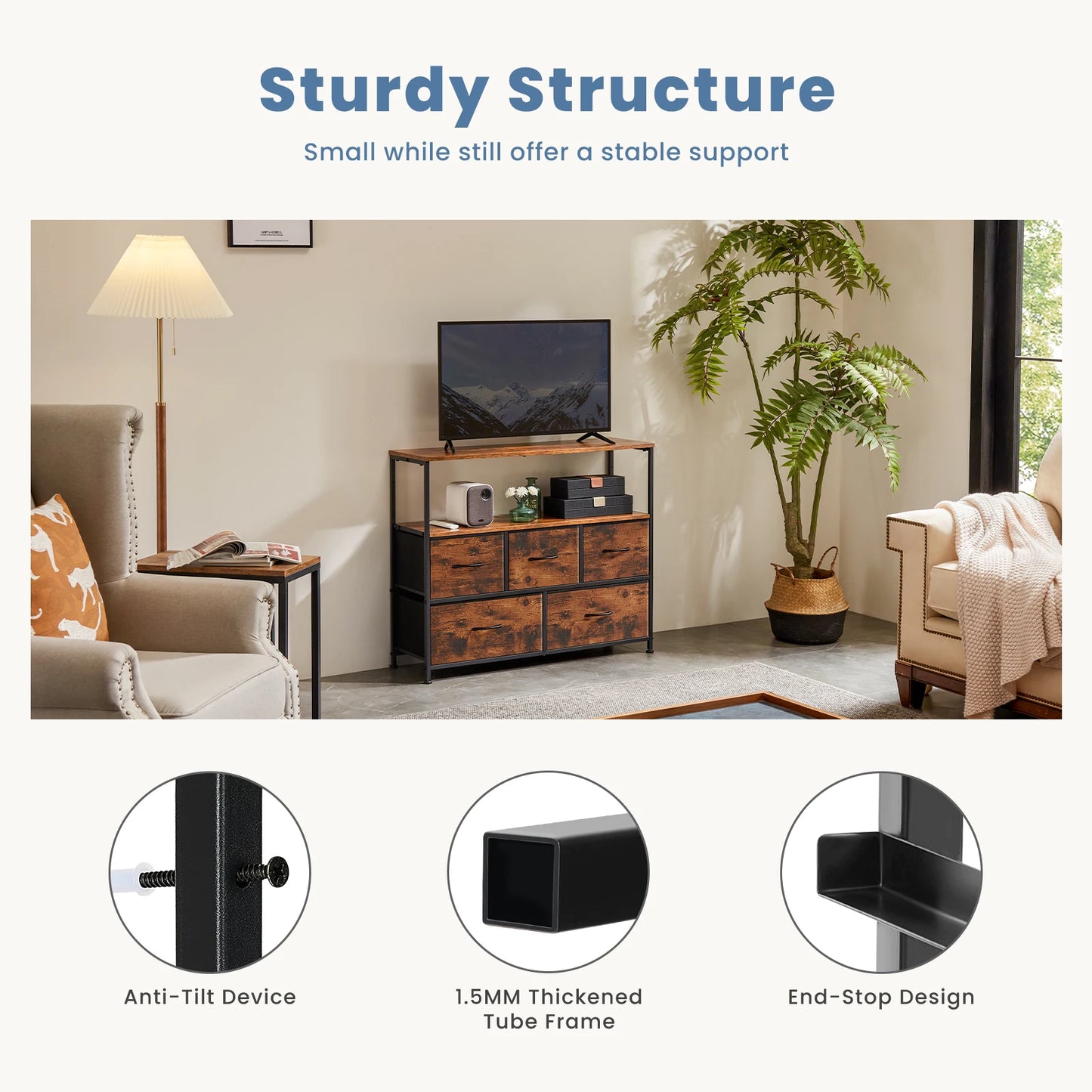 Jhk Modern TV Stand Dresser With Five Fabric Drawers And Storage