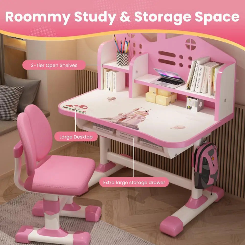 Kids Study Desk Chair Set With Adjustable Height Storage