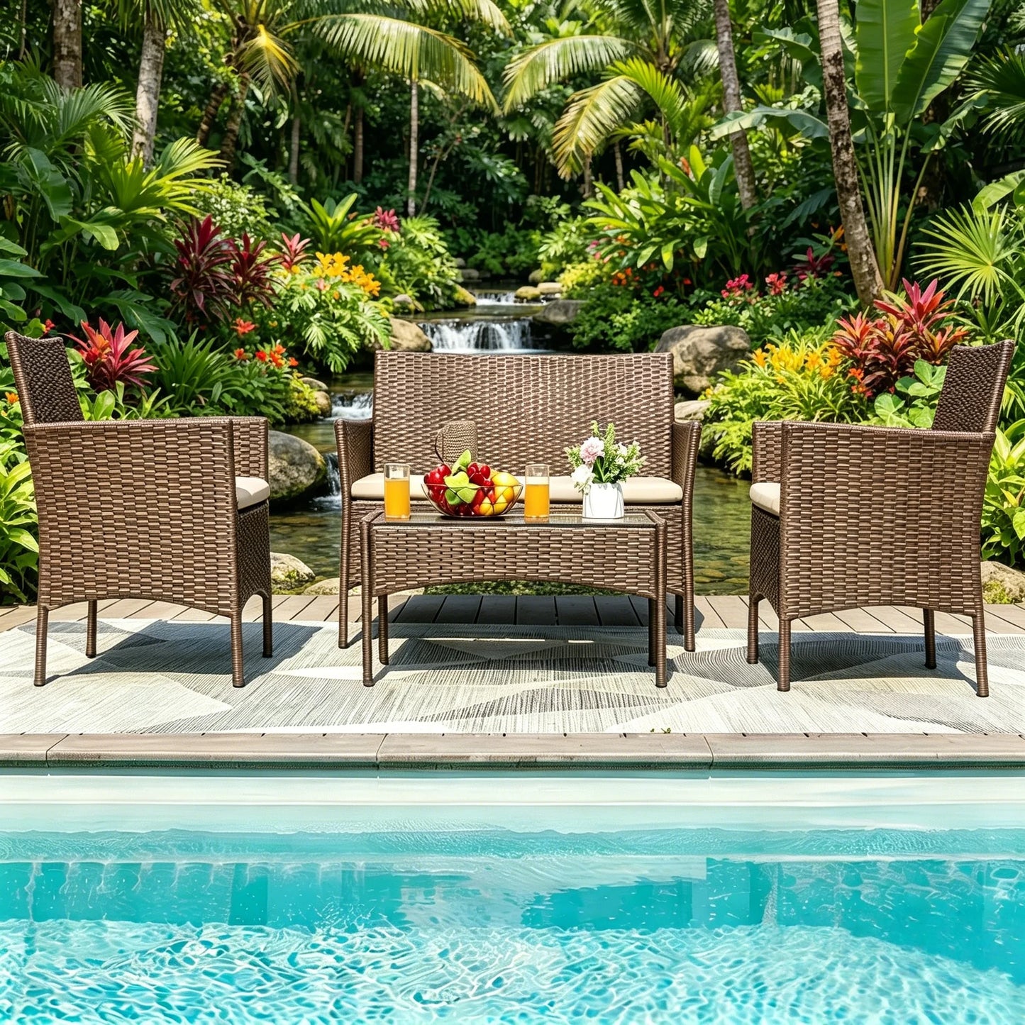 Brown Outdoor Rattan 4 Piece Patio Conversation Set With Glass Table