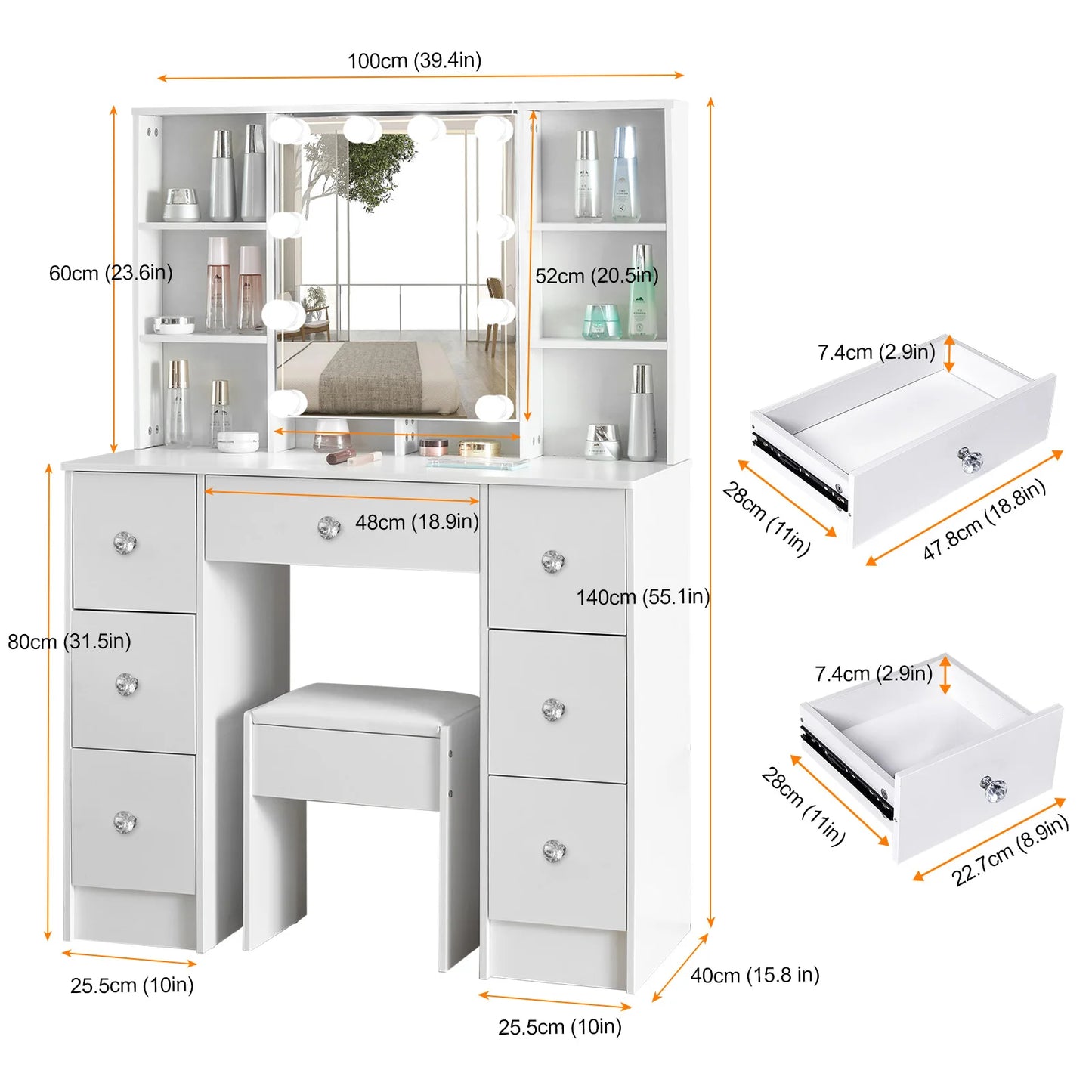 Teousev 7 Drawer Vanity Dressing Table with LED Mirror