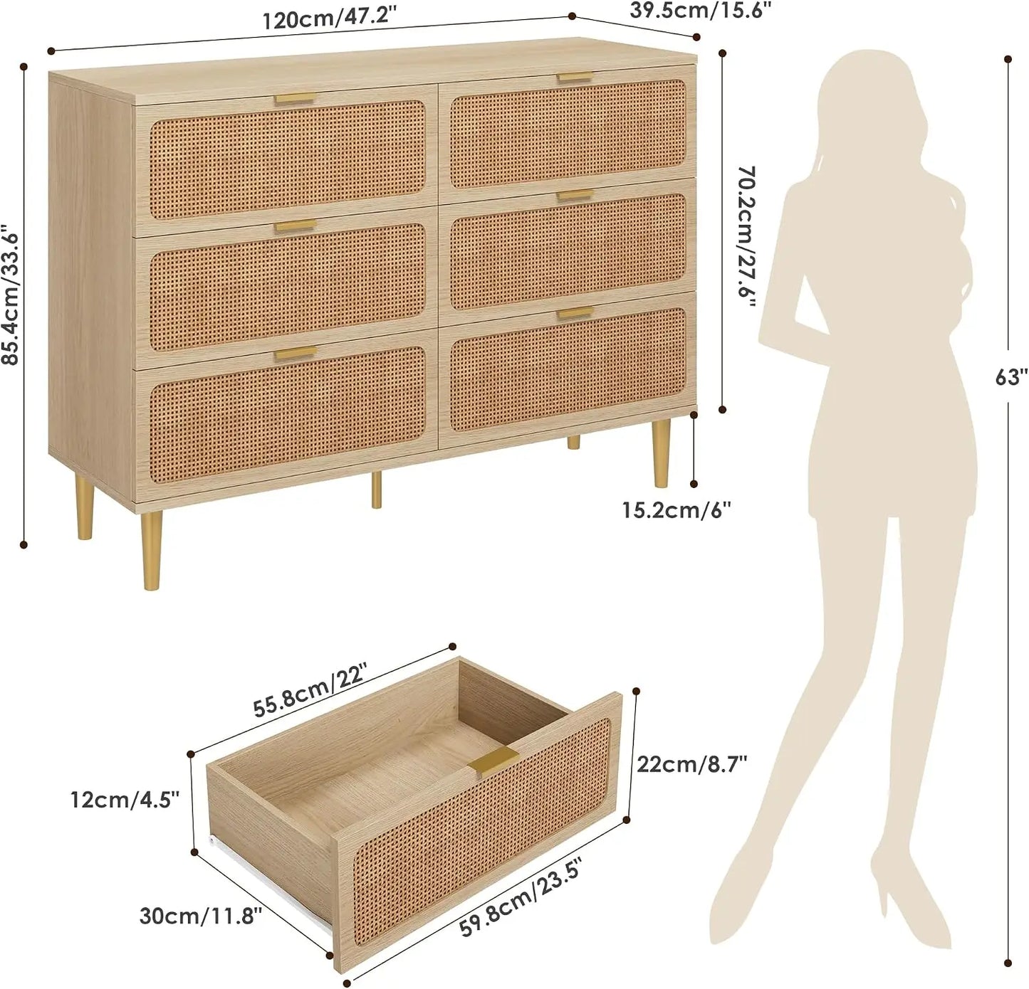 Natural Rattan Six Drawer Wooden Dresser Storage Cabinet